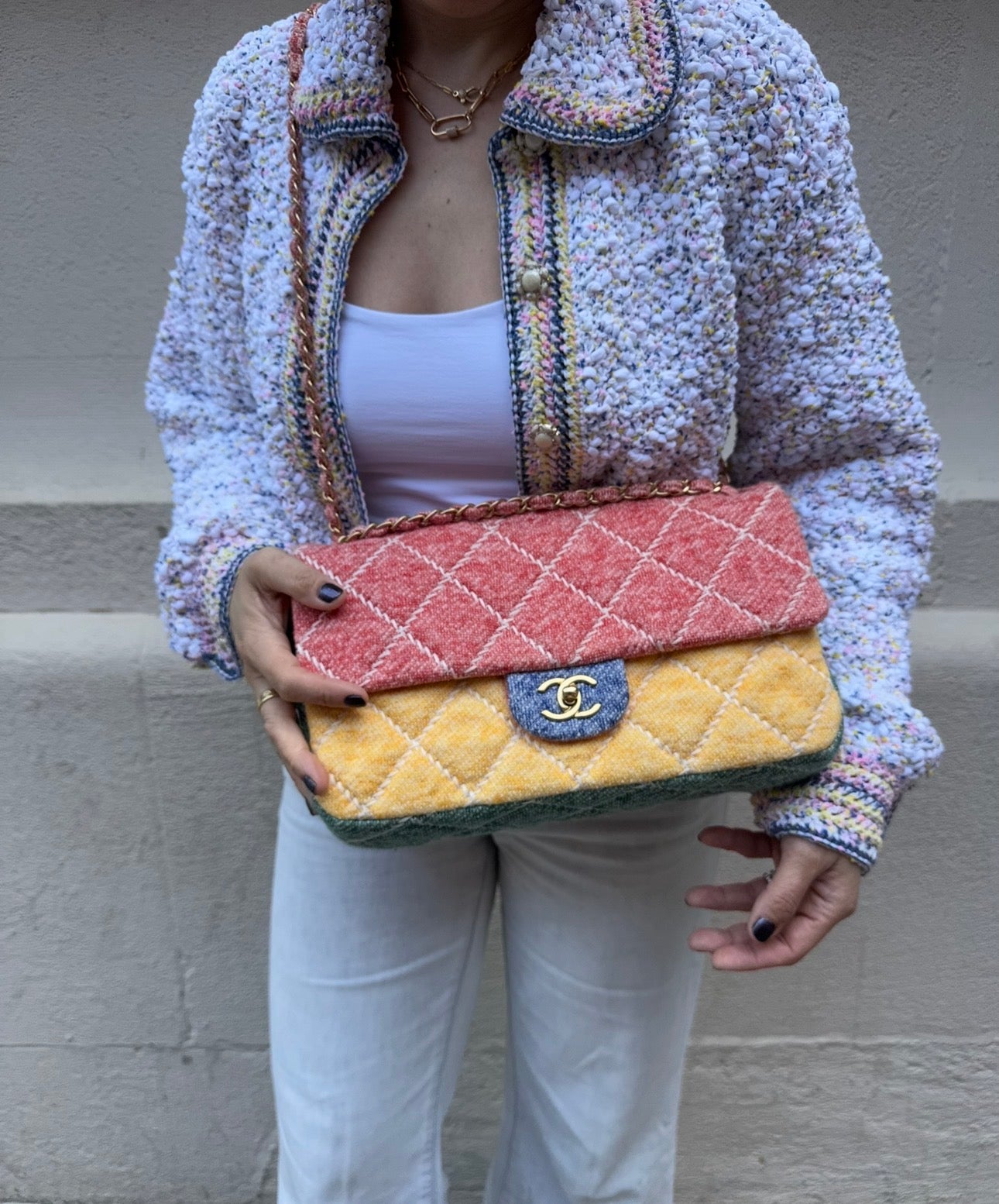 Chanel Color Block Quilted Jersey Fabric Large Flapbag