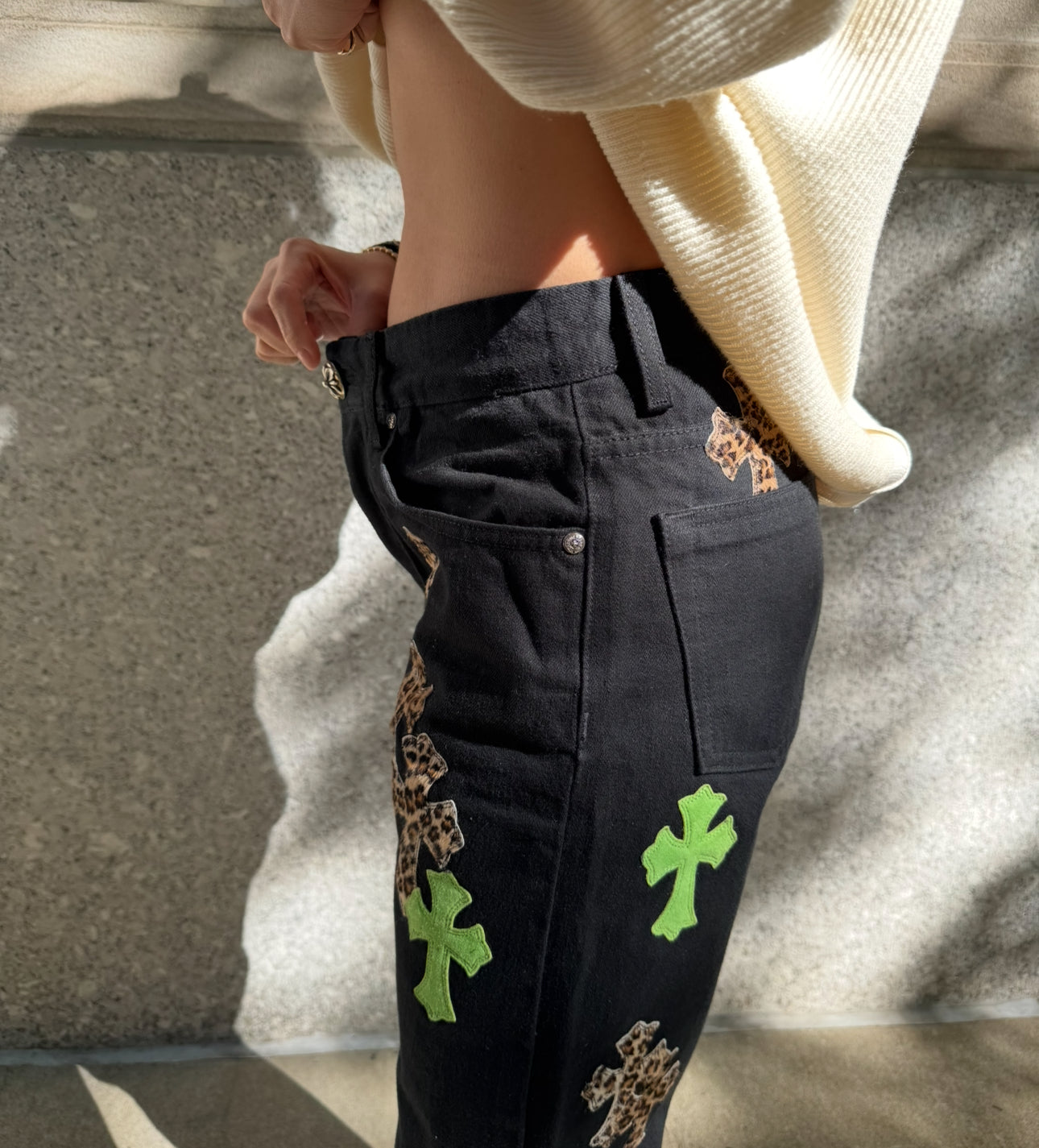 Chrome Hearts Black Jeans with Green and Leopard Print Cross Patches