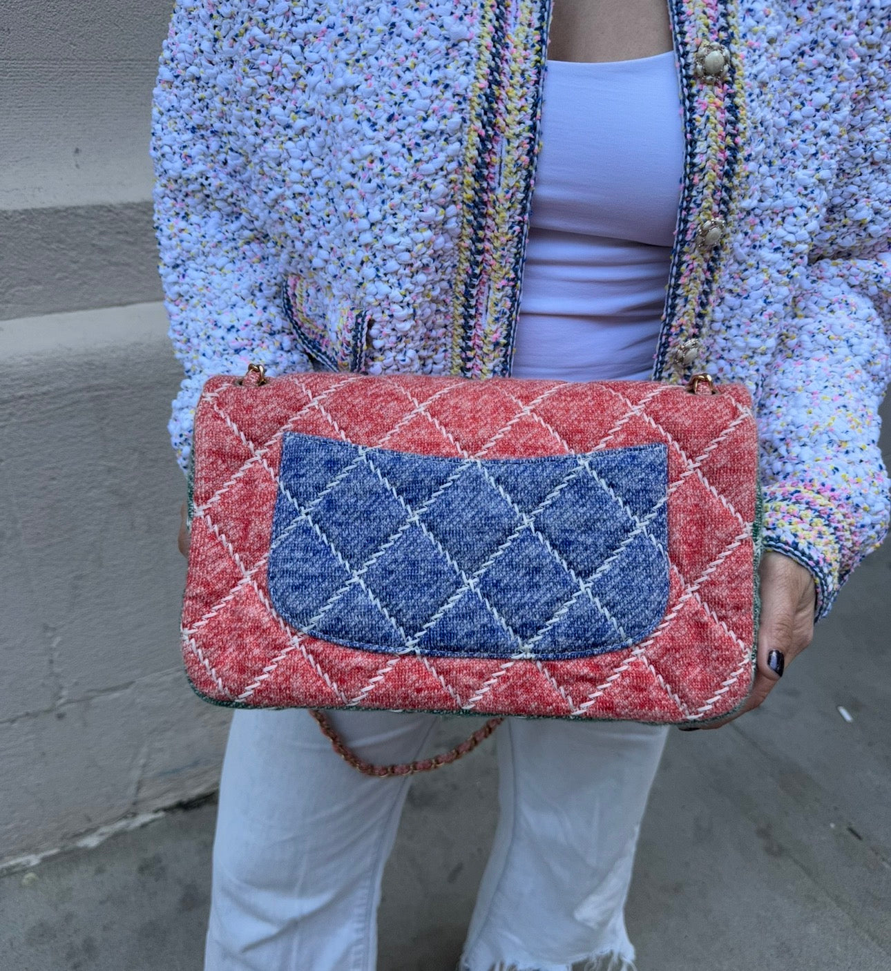 Chanel Color Block Quilted Jersey Fabric Large Flapbag