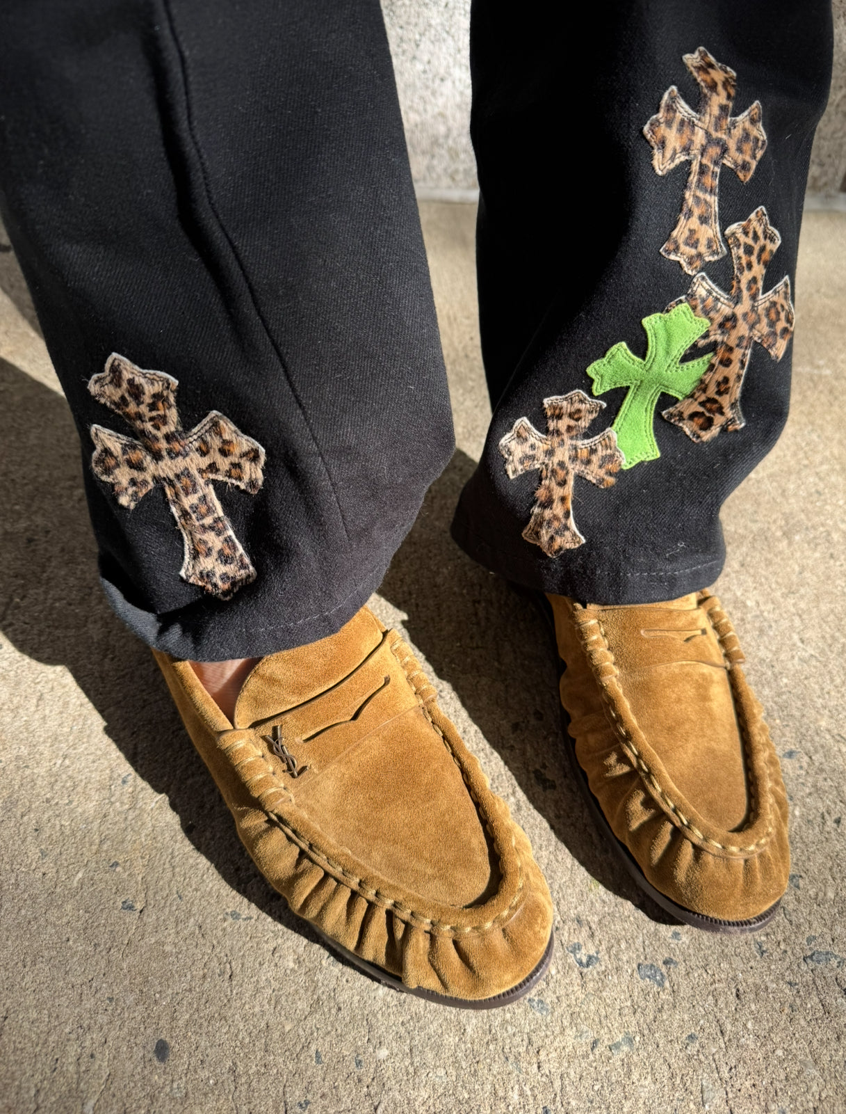 Chrome Hearts Black Jeans with Green and Leopard Print Cross Patches