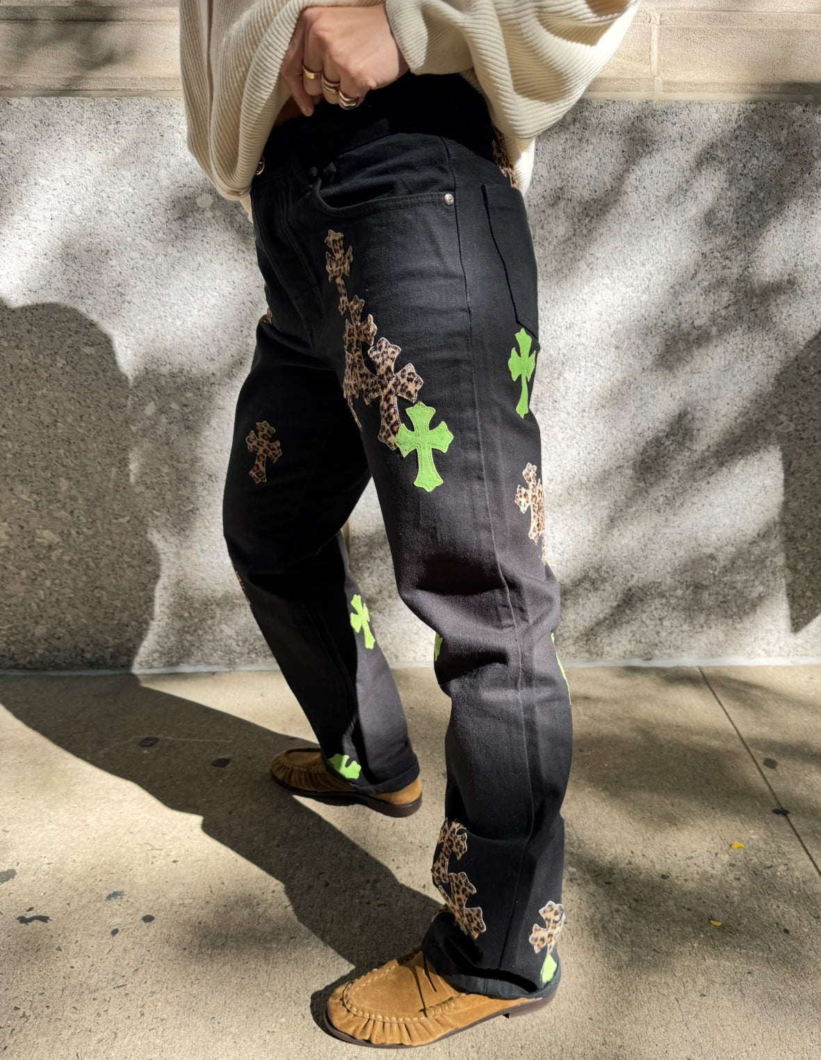 Chrome Hearts Black Jeans with Green and Leopard Print Cross Patches