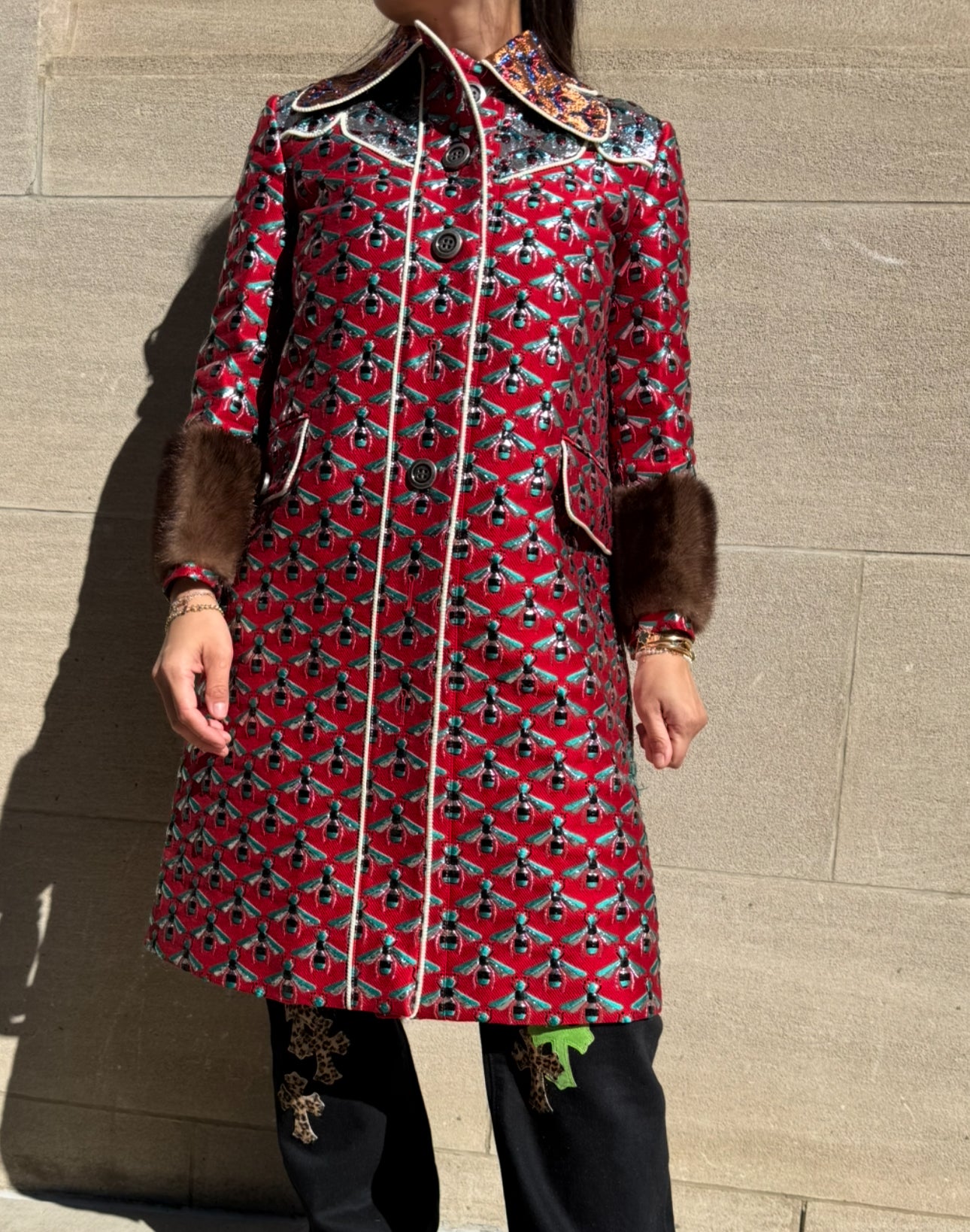 GUCCI Metallic Multicolor Coat with Bees and Mink on Cuffs