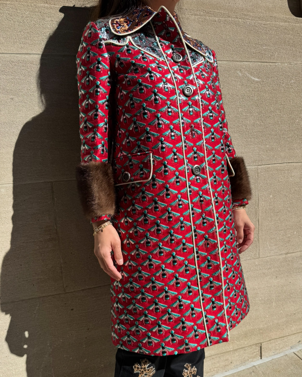 GUCCI Metallic Multicolor Coat with Bees and Mink on Cuffs