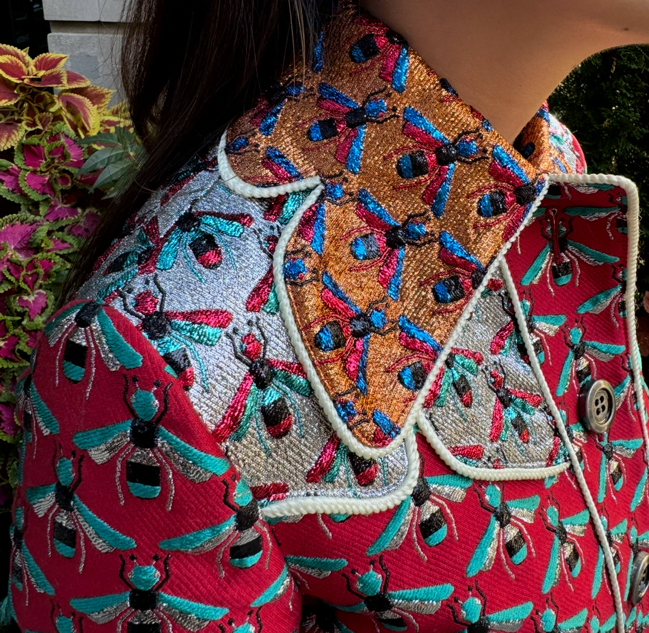 GUCCI Metallic Multicolor Coat with Bees and Mink on Cuffs