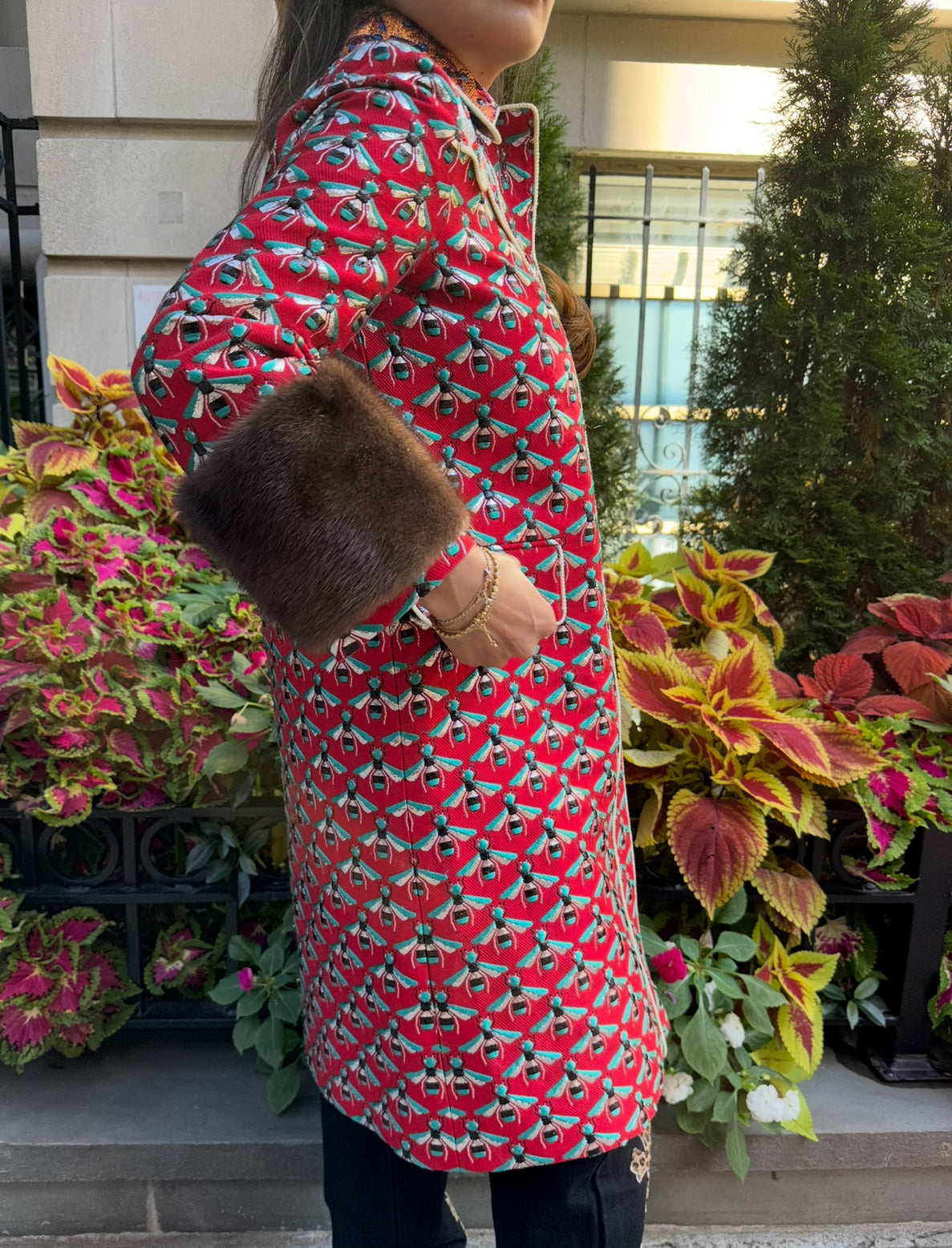 GUCCI Metallic Multicolor Coat with Bees and Mink on Cuffs