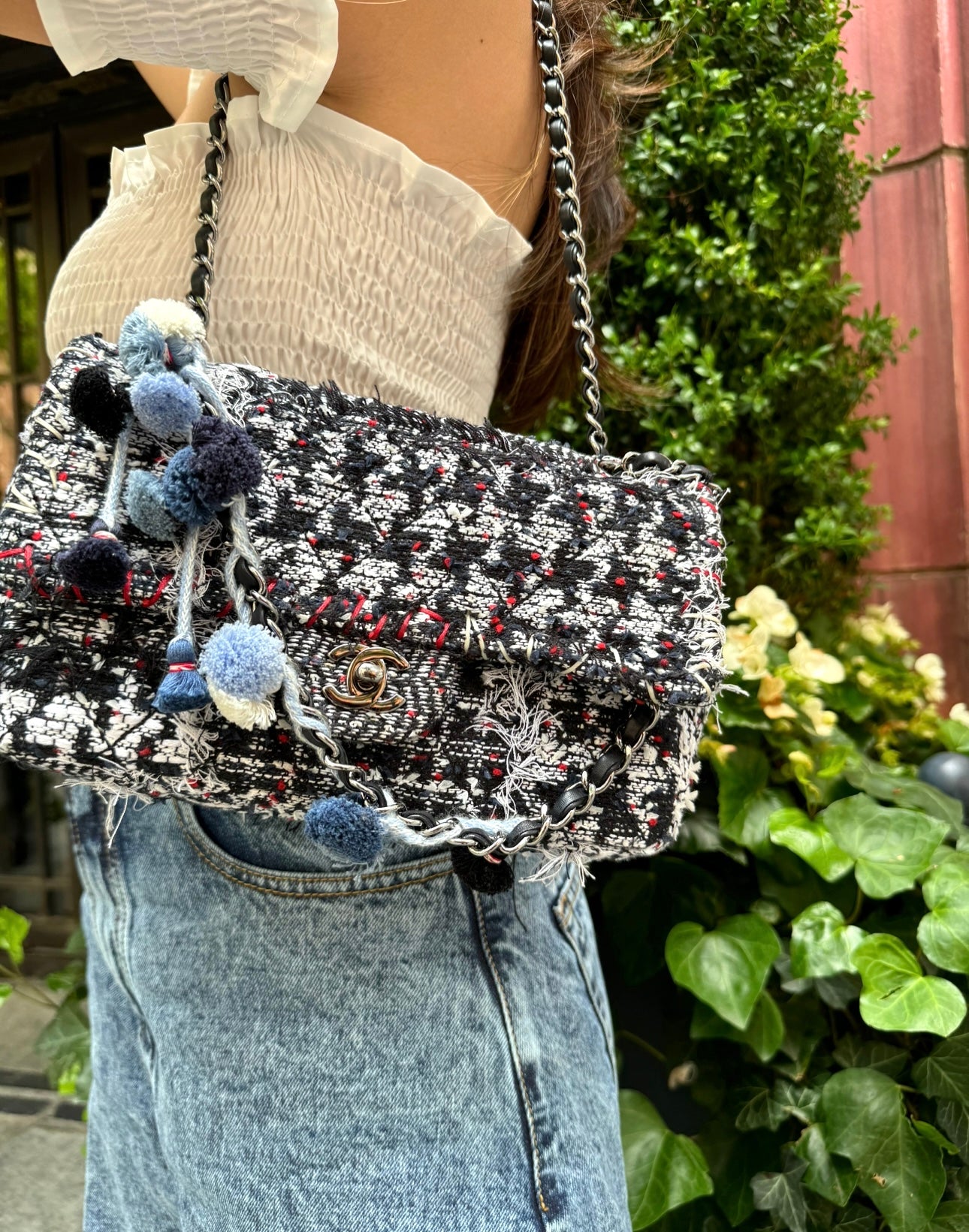 Chanel Black and White Tweed Pom Pom Flapbag