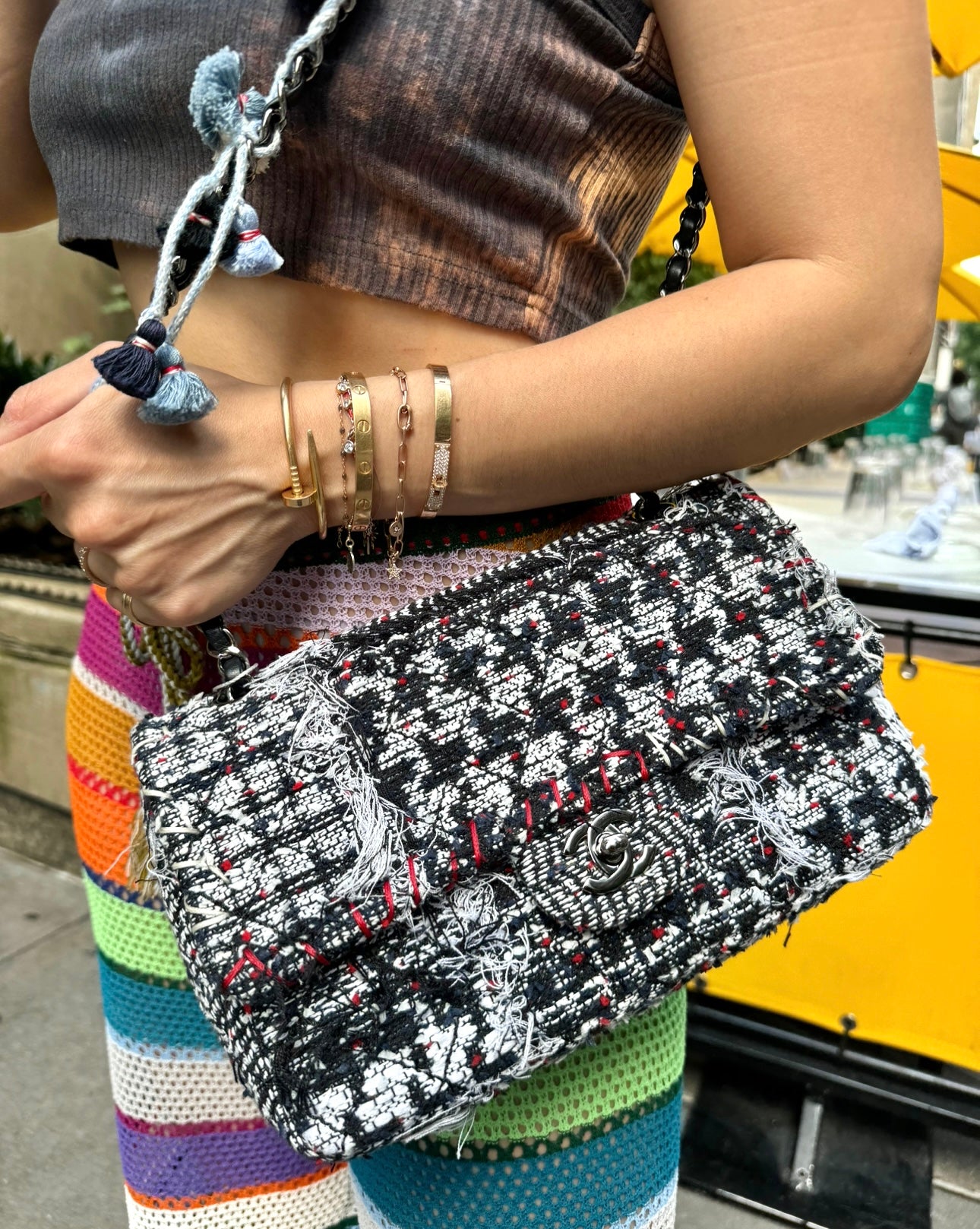 Chanel Black and White Tweed Pom Pom Flapbag