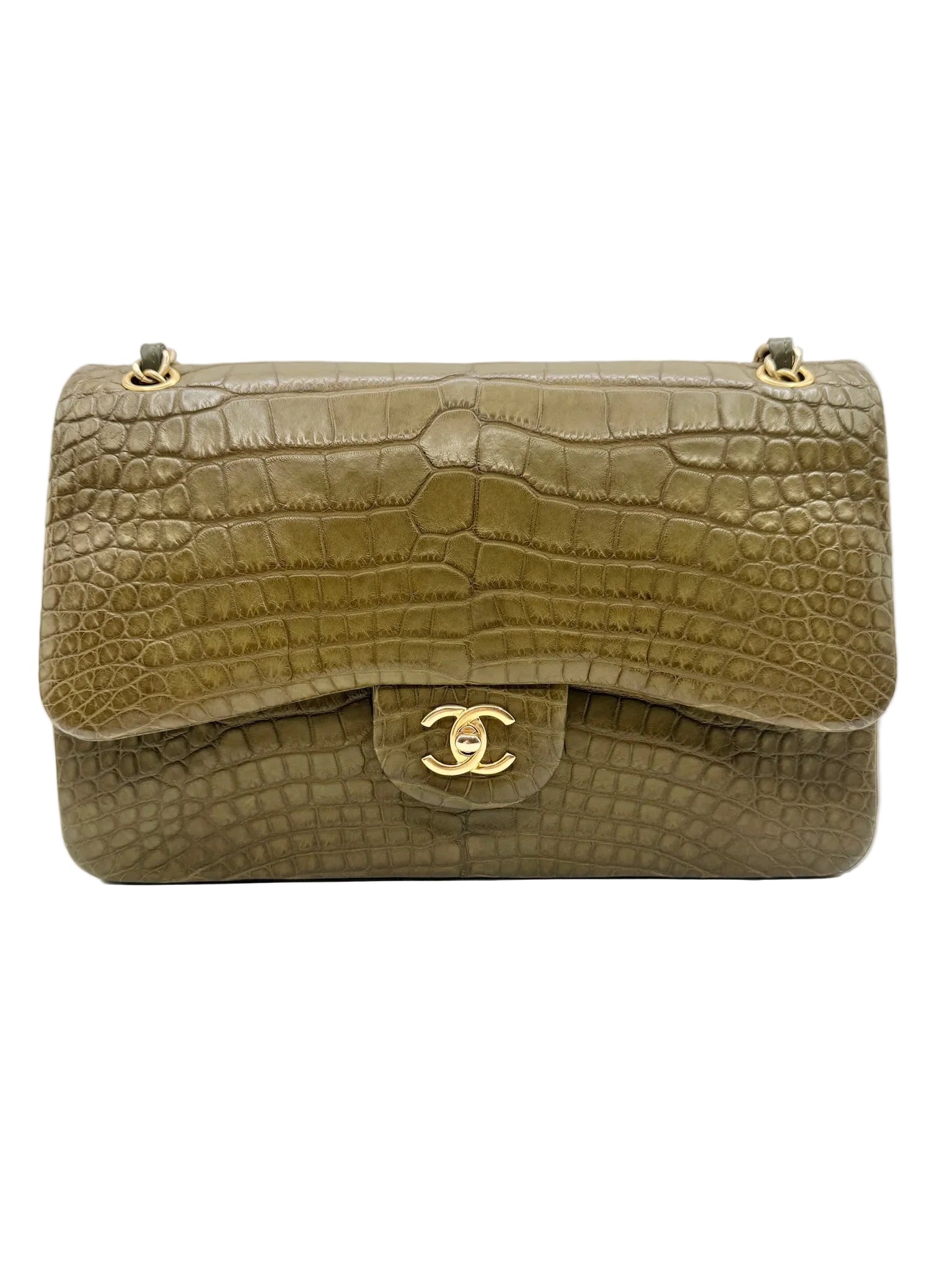 Chanel Matte Khaki Green Alligator Classic Double Flapbag