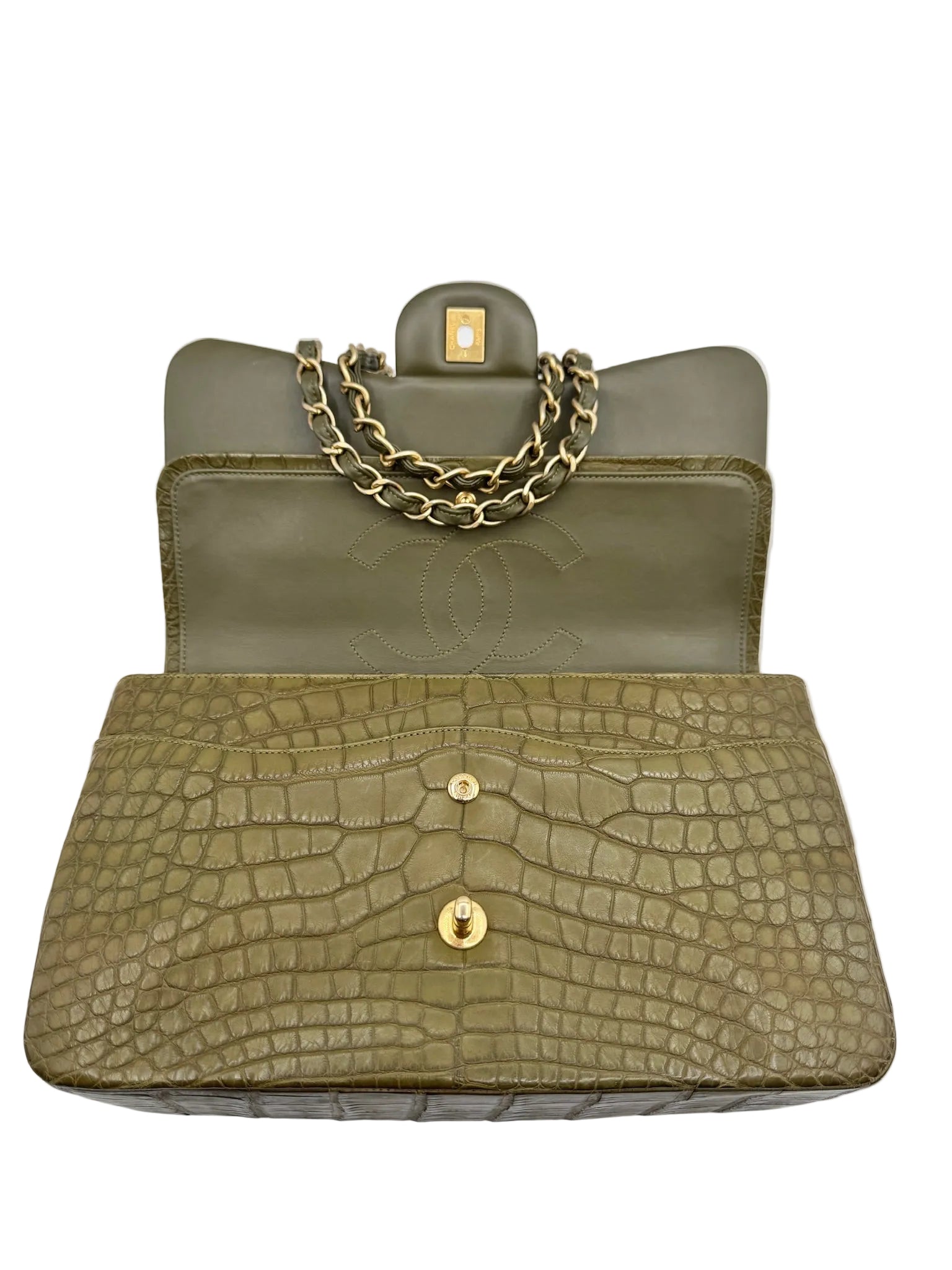 Chanel Matte Khaki Green Alligator Classic Double Flapbag