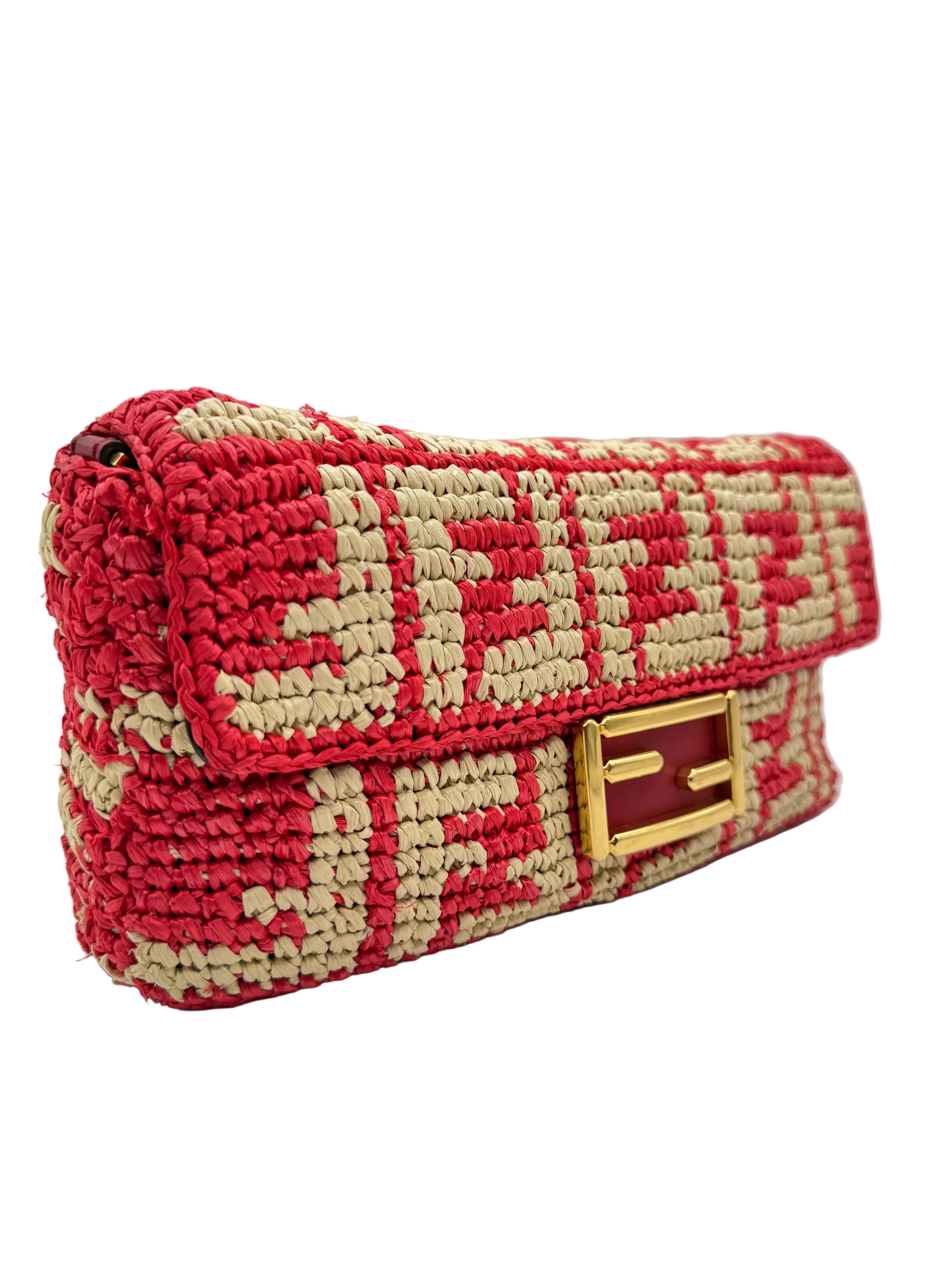 Fendi Red and Beige FF Raffia Baguette