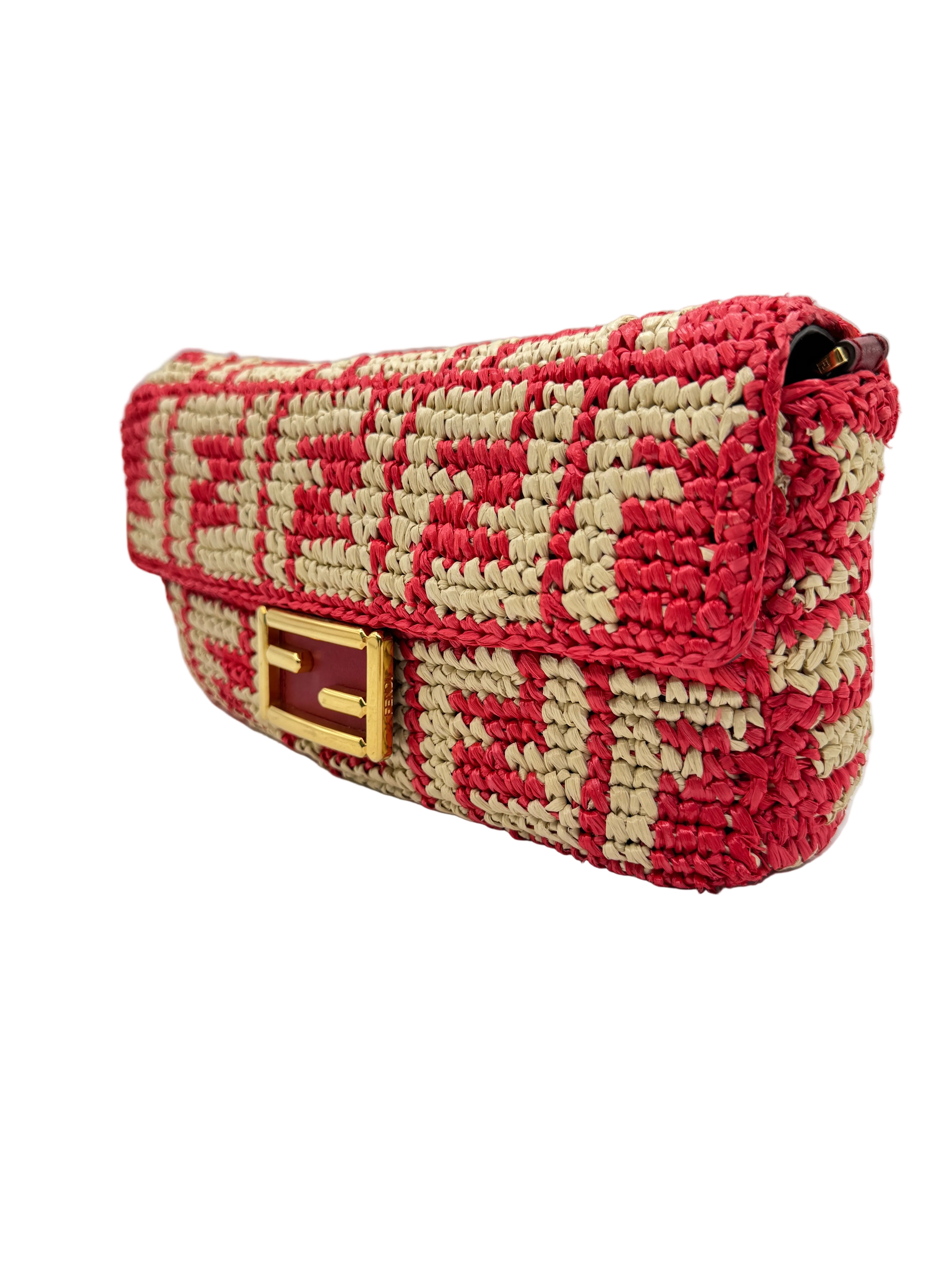 Fendi Red and Beige FF Raffia Baguette