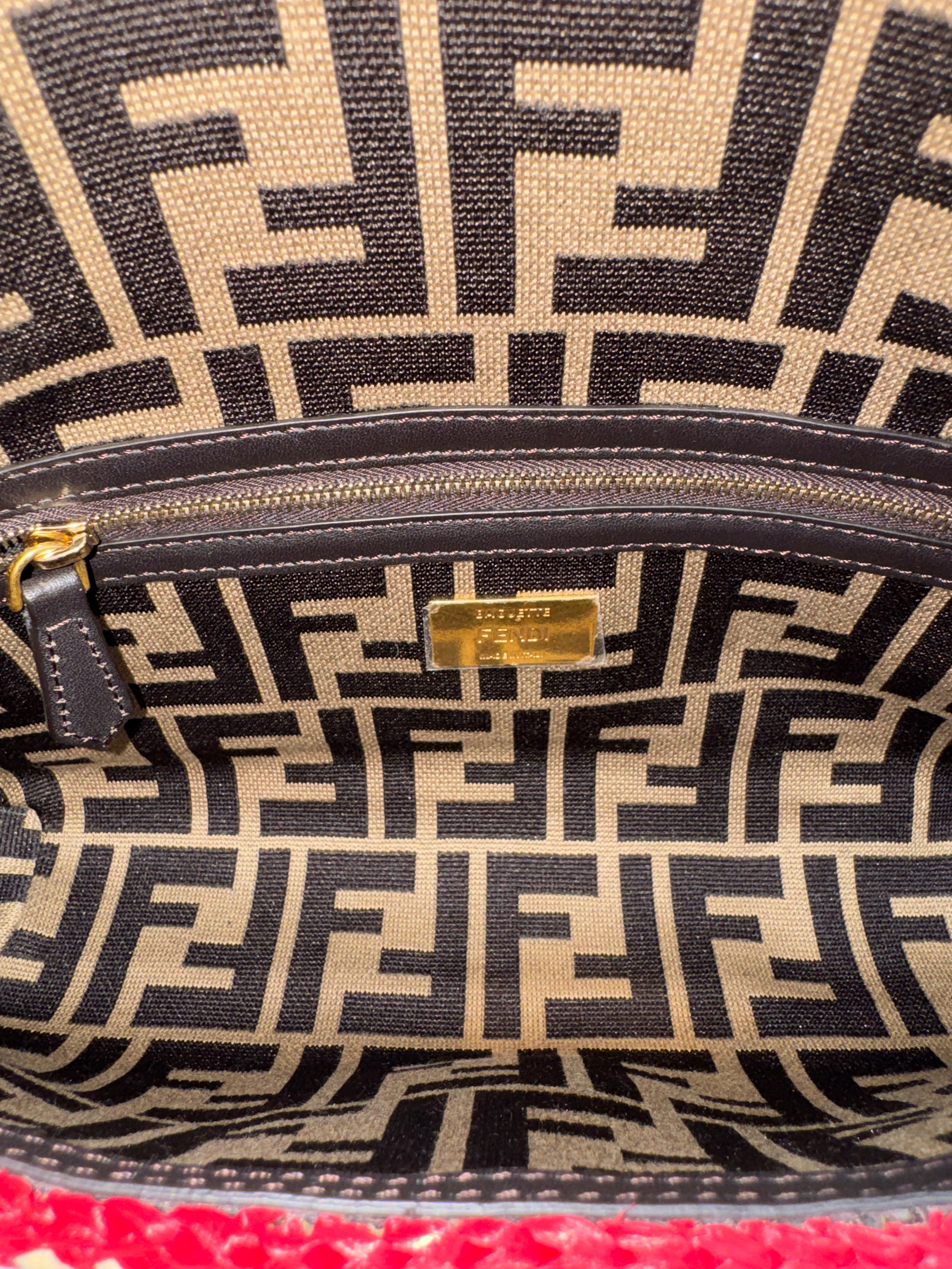 Fendi Red and Beige FF Raffia Baguette