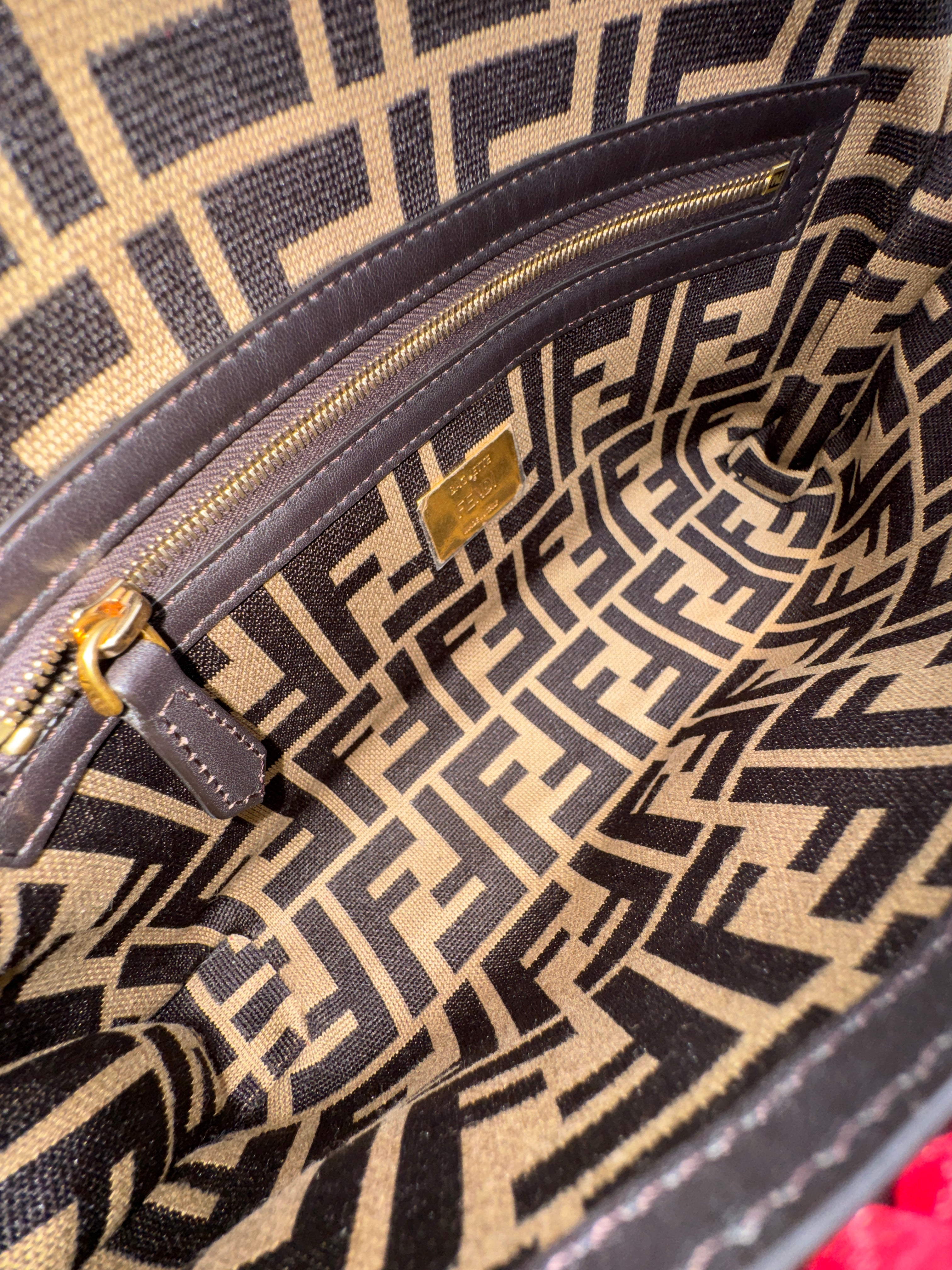 Fendi Red and Beige FF Raffia Baguette