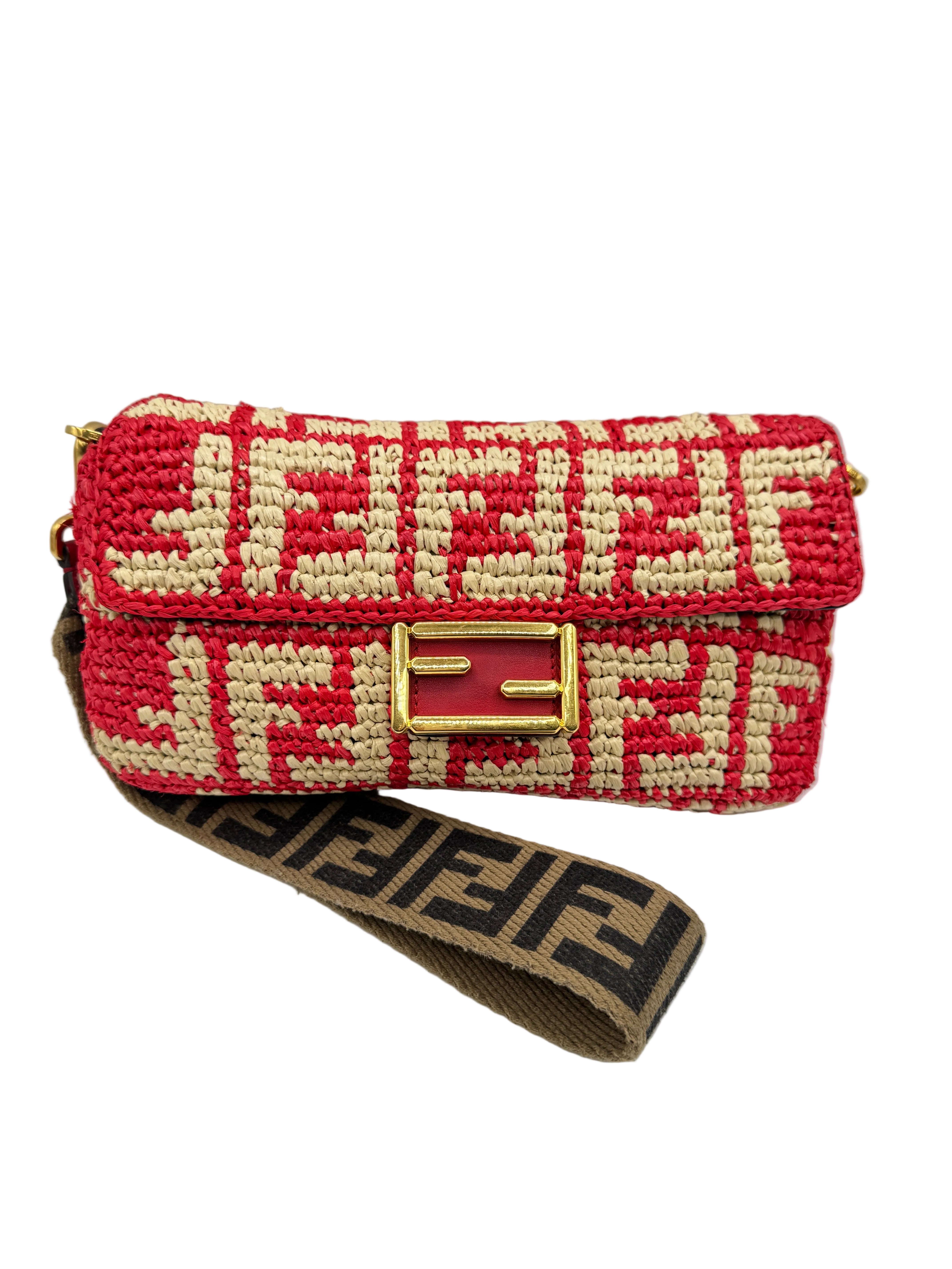 Fendi Red and Beige FF Raffia Baguette
