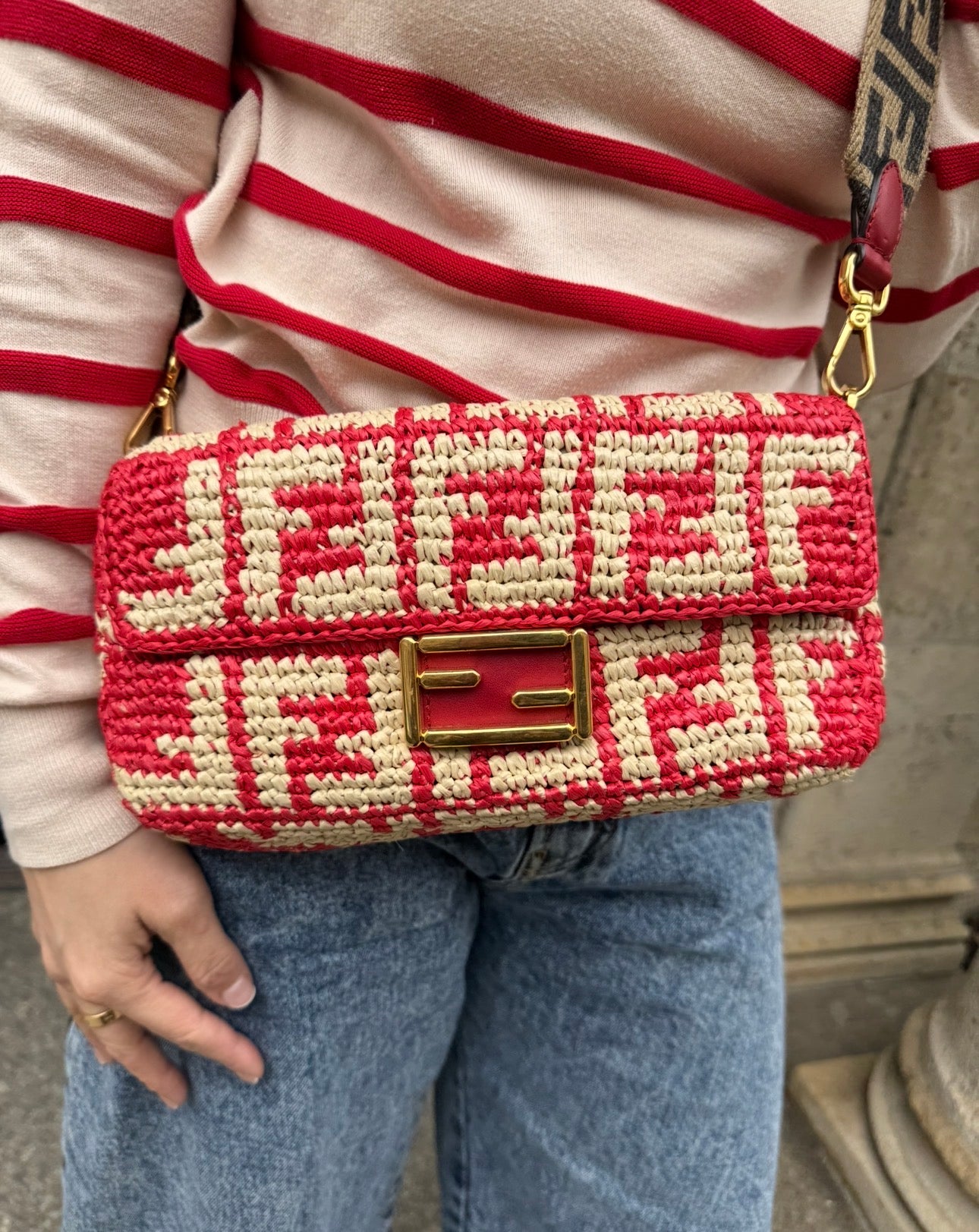 Fendi Red and Beige FF Raffia Baguette