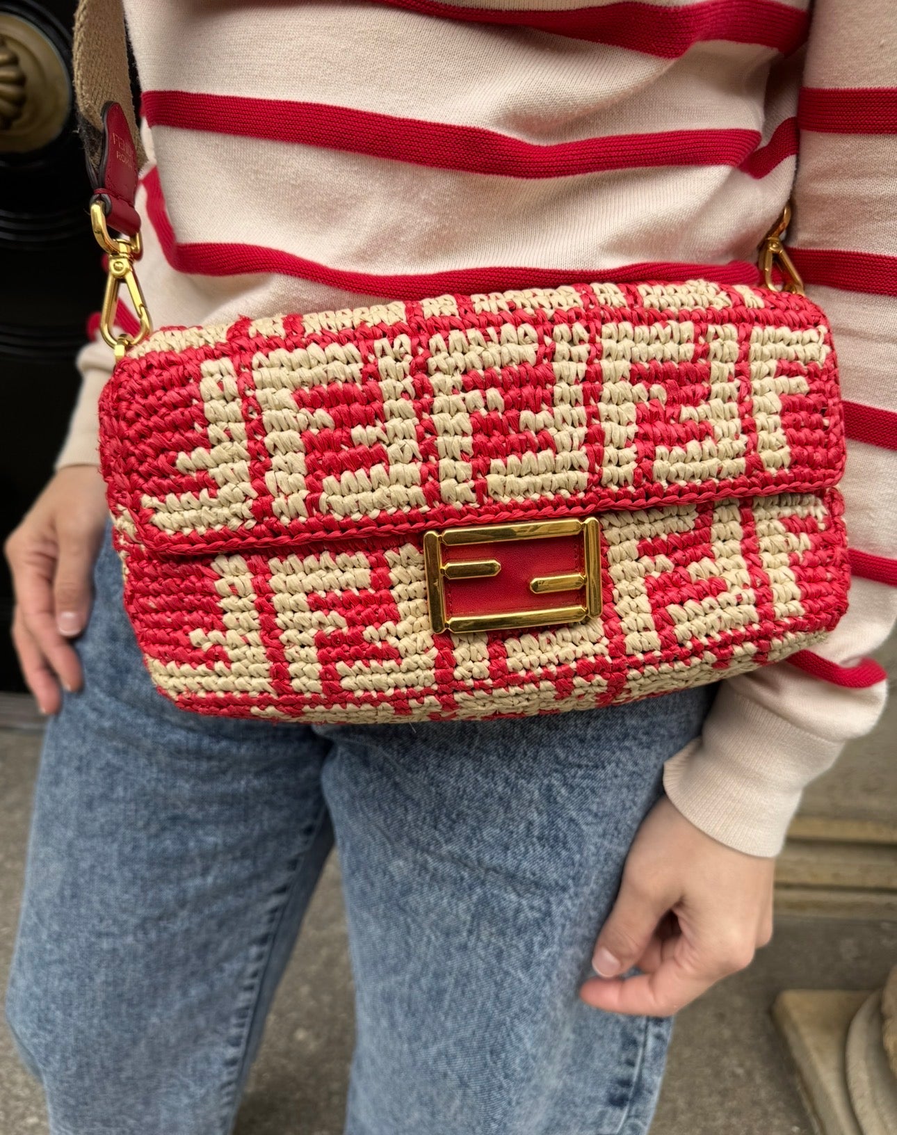 Fendi Red and Beige FF Raffia Baguette