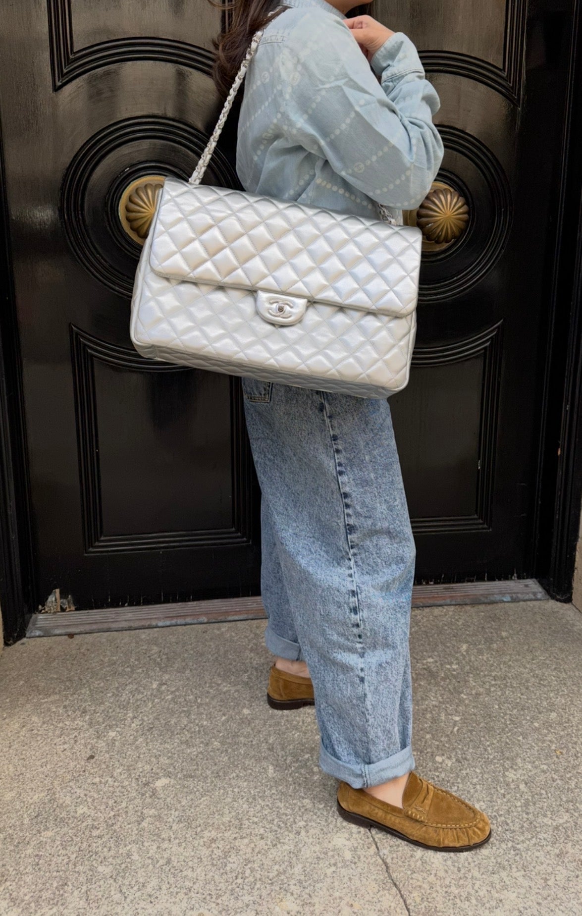 CHANEL Silver Metallic XXL Lambskin Flapbag