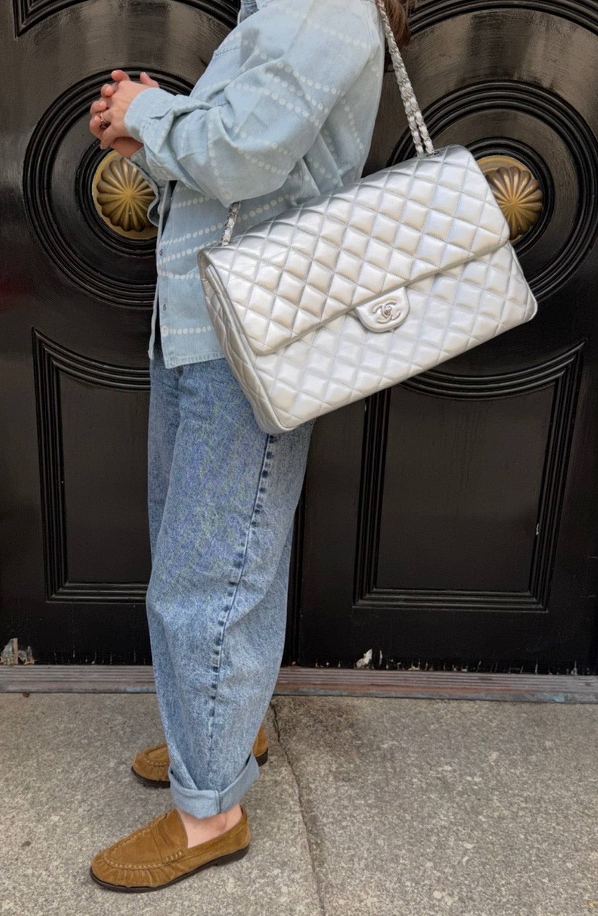 CHANEL Silver Metallic XXL Lambskin Flapbag