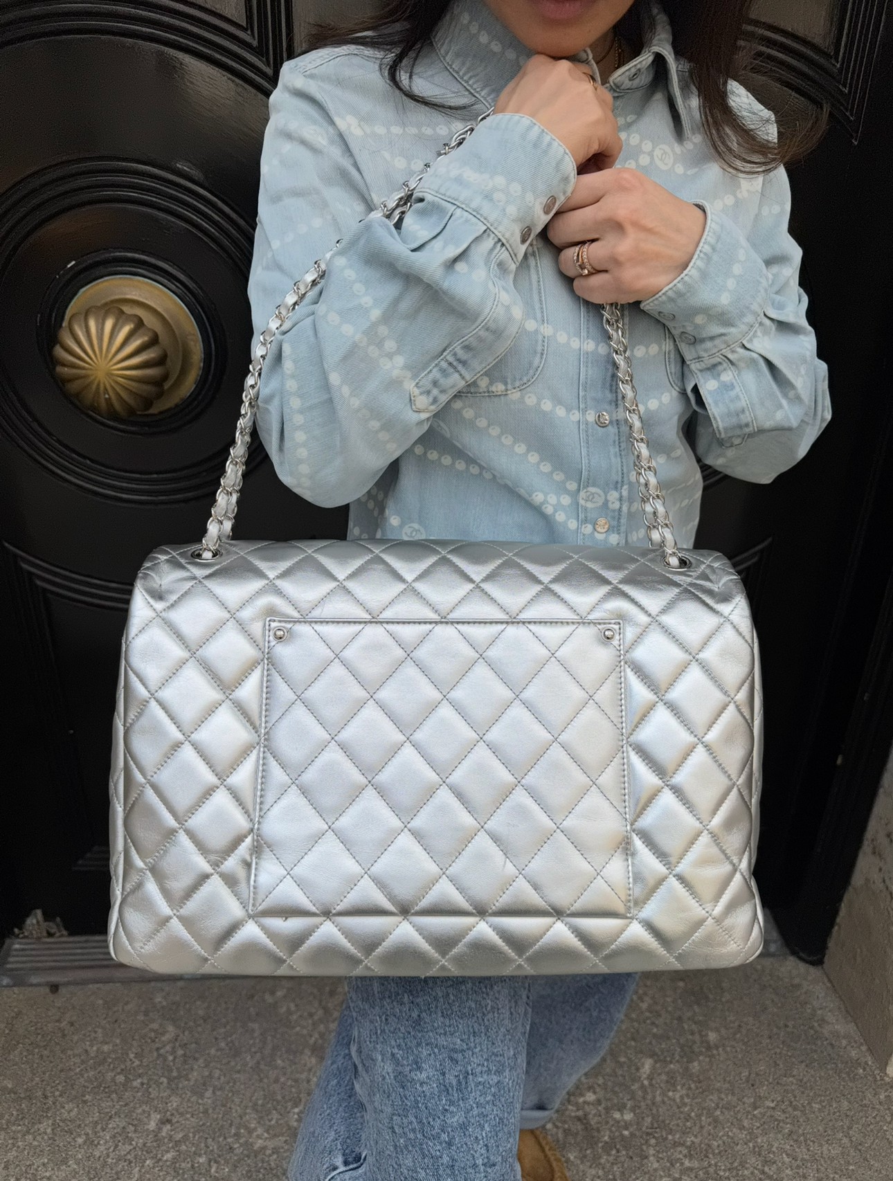 CHANEL Silver Metallic XXL Lambskin Flapbag