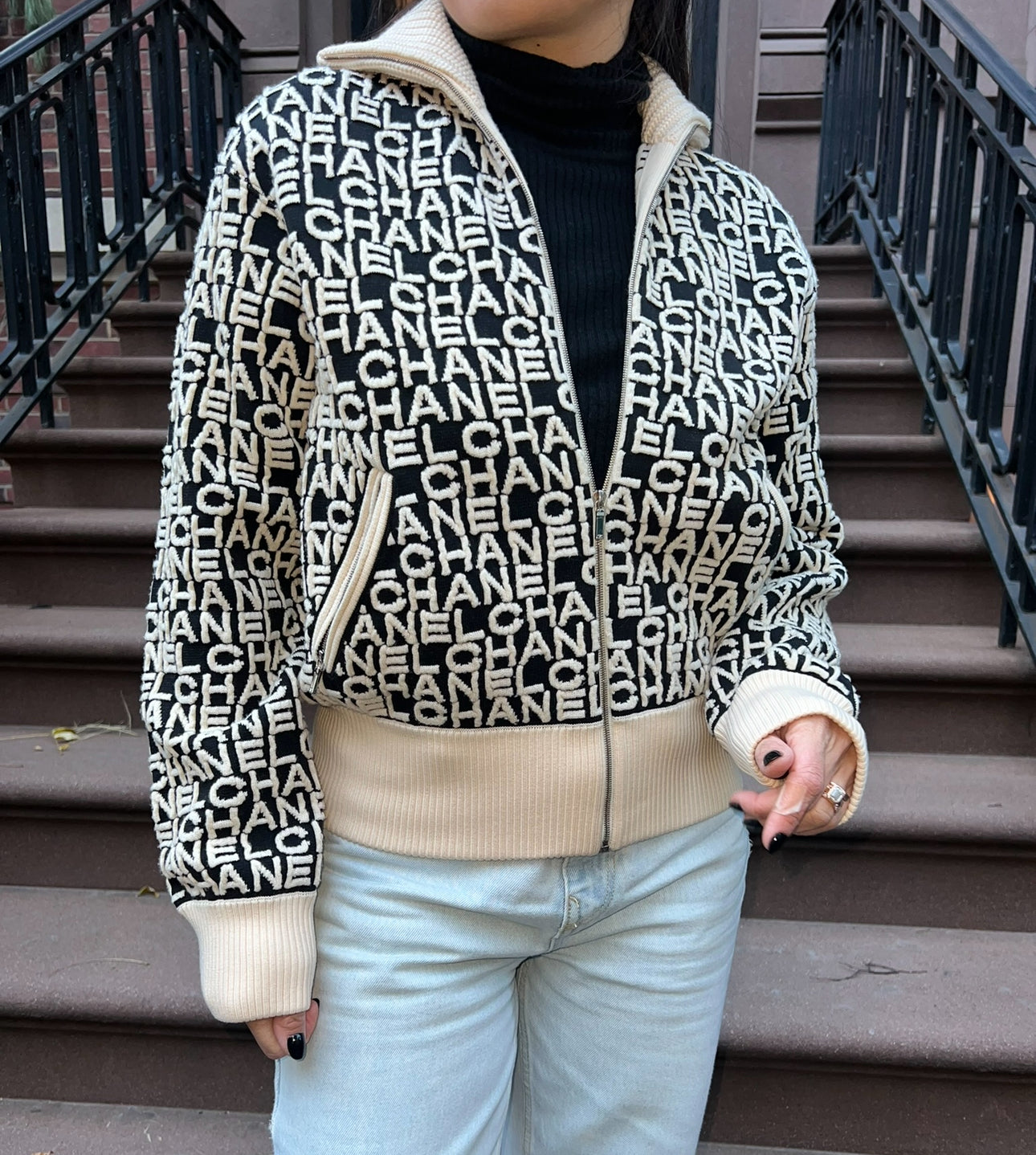 Chanel Logo Black and White Zipper Sweater