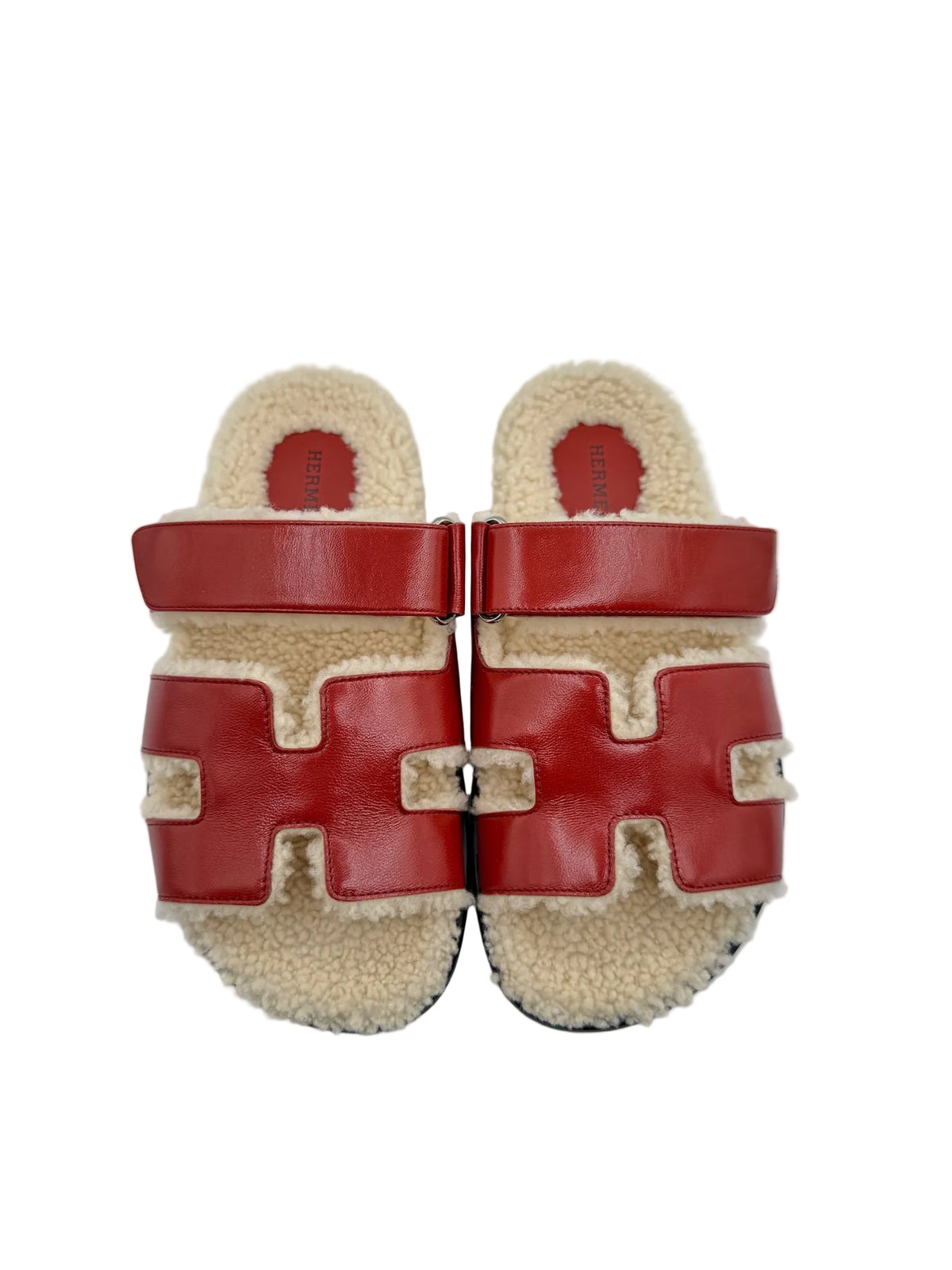 Hermès Rouge Sanguine and Ivory Shearling Chypre Sandals