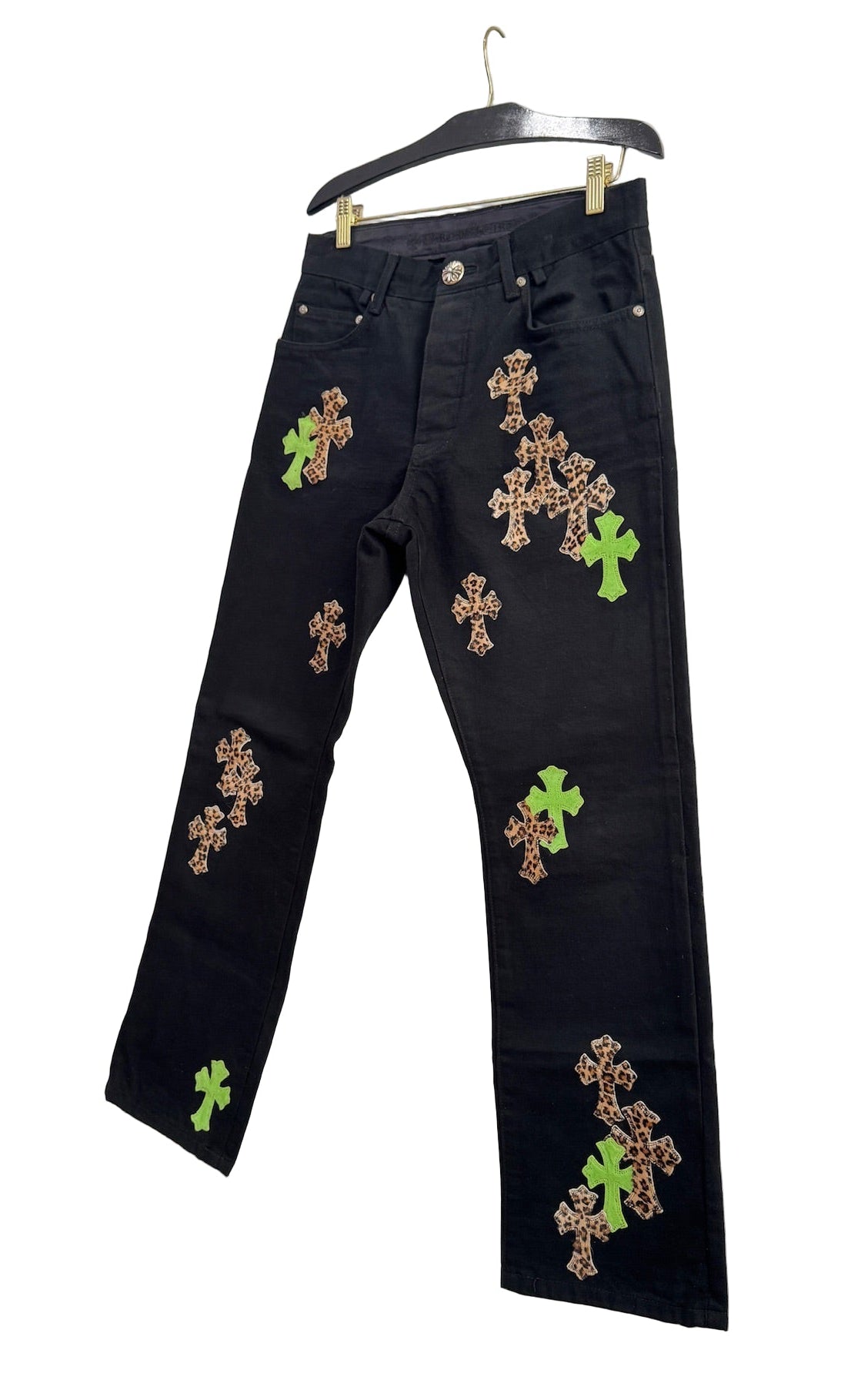 Chrome Hearts Black Jeans with Green and Leopard Print Cross Patches