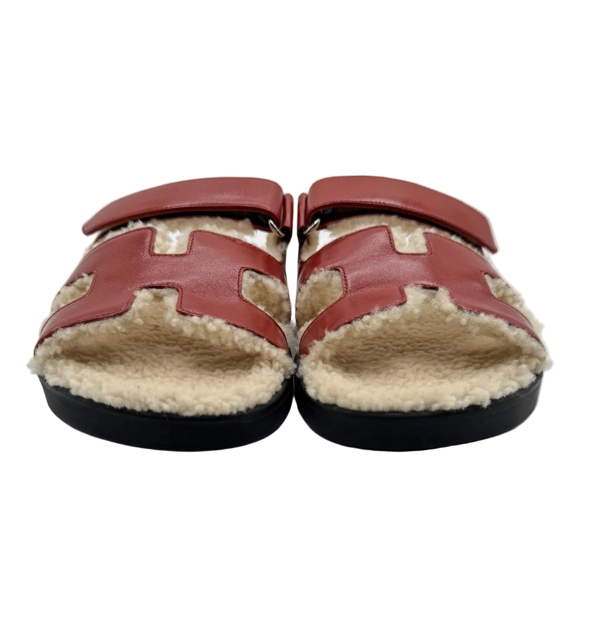 Hermès Rouge Sanguine and Ivory Shearling Chypre Sandals