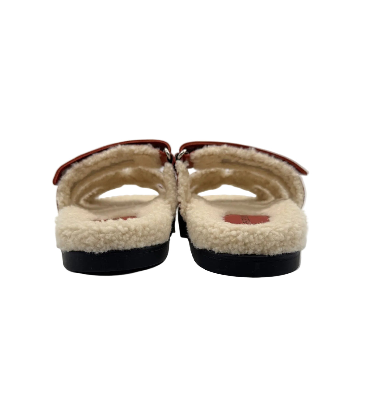 Hermès Rouge Sanguine and Ivory Shearling Chypre Sandals