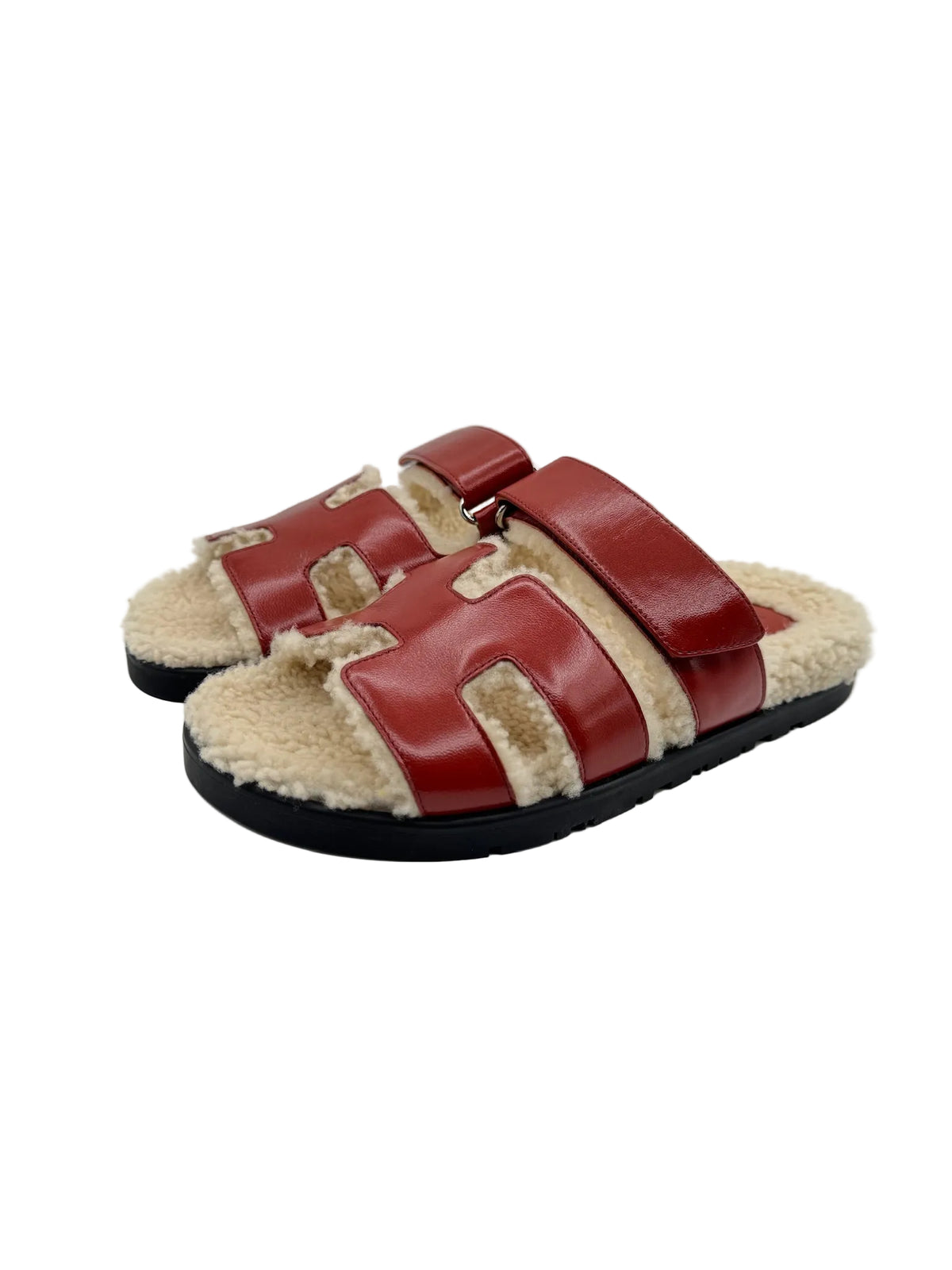 Hermès Rouge Sanguine and Ivory Shearling Chypre Sandals