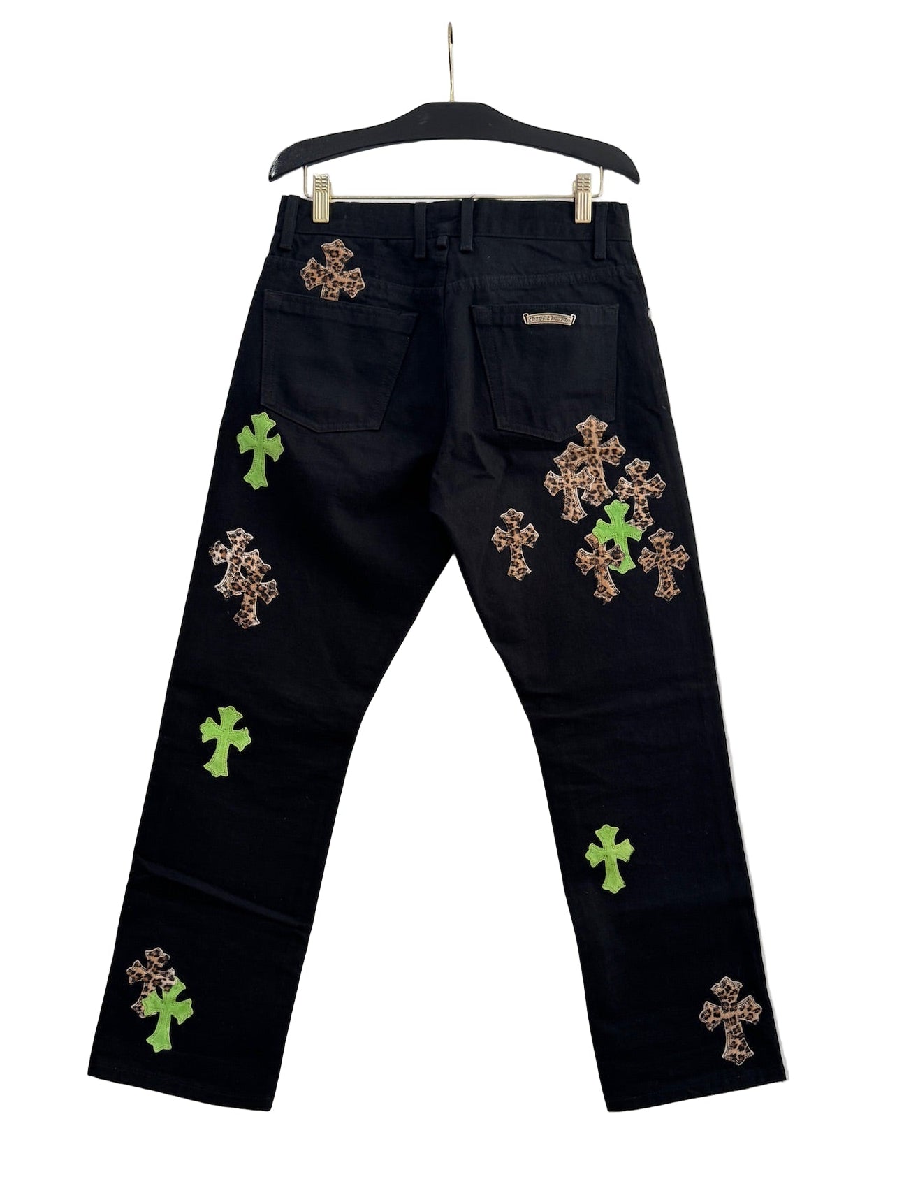 Chrome Hearts Black Jeans with Green and Leopard Print Cross Patches