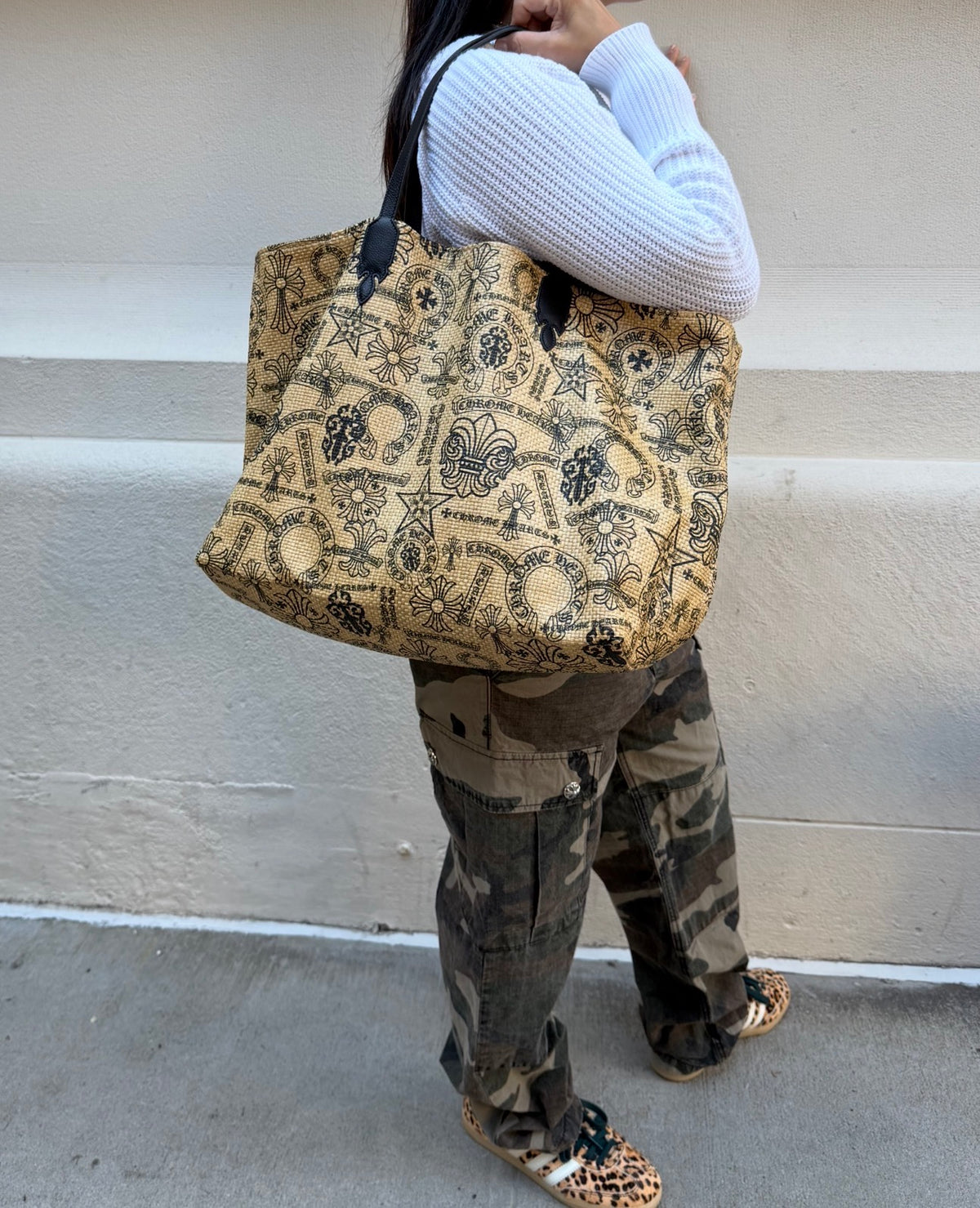 Chrome Hearts Beige and Black Raffia Tote Bag