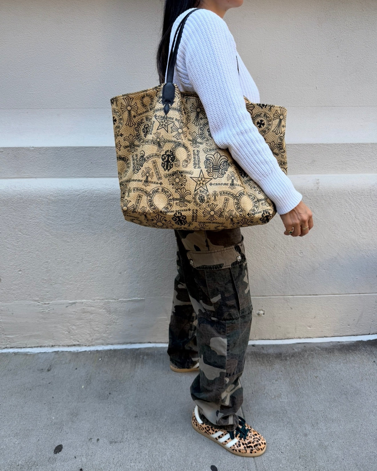 Chrome Hearts Beige and Black Raffia Tote Bag