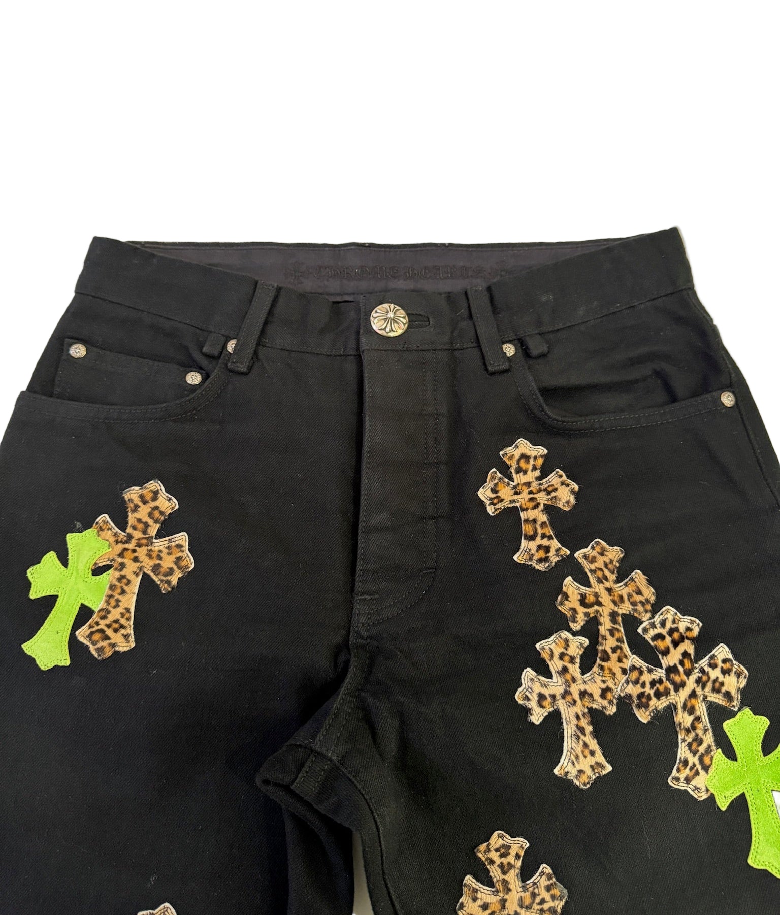 Chrome Hearts Black Jeans with Green and Leopard Print Cross Patches