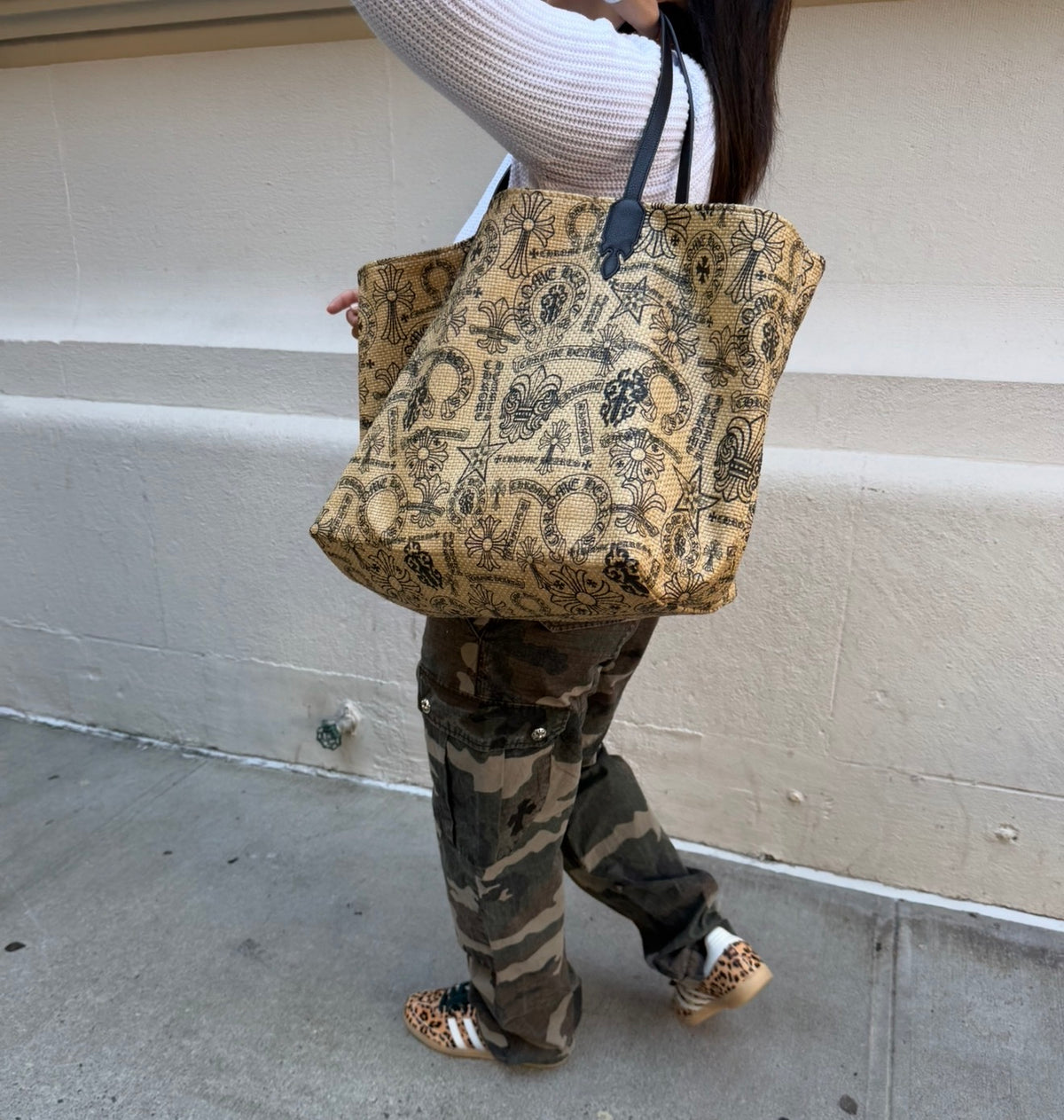 Chrome Hearts Beige and Black Raffia Tote Bag