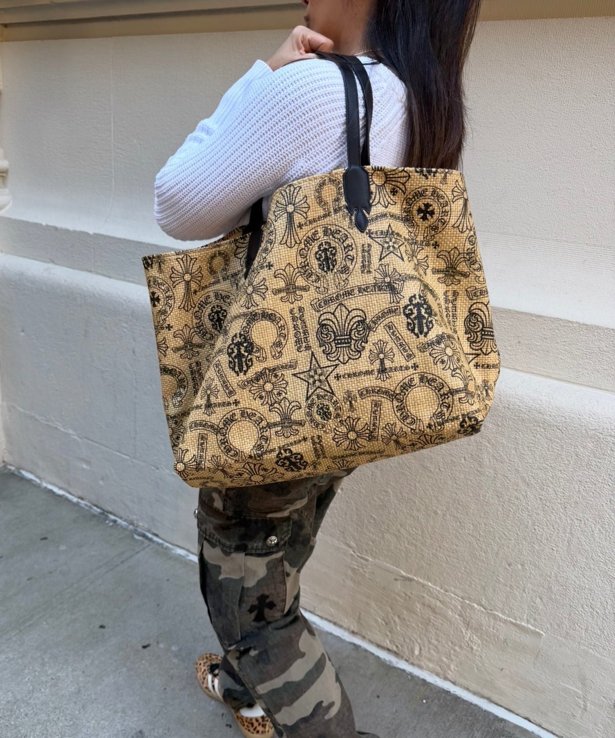Chrome Hearts Beige and Black Raffia Tote Bag
