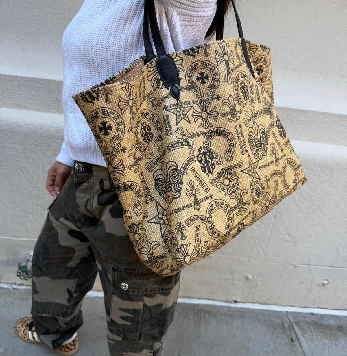 Chrome Hearts Beige and Black Raffia Tote Bag