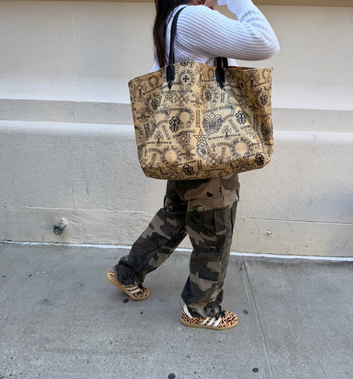 Chrome Hearts Beige and Black Raffia Tote Bag