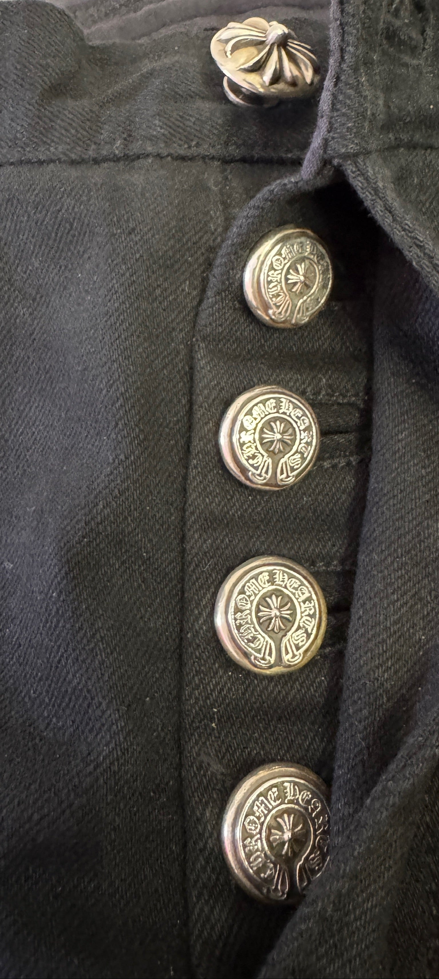 Chrome Hearts Black Jeans with Green and Leopard Print Cross Patches