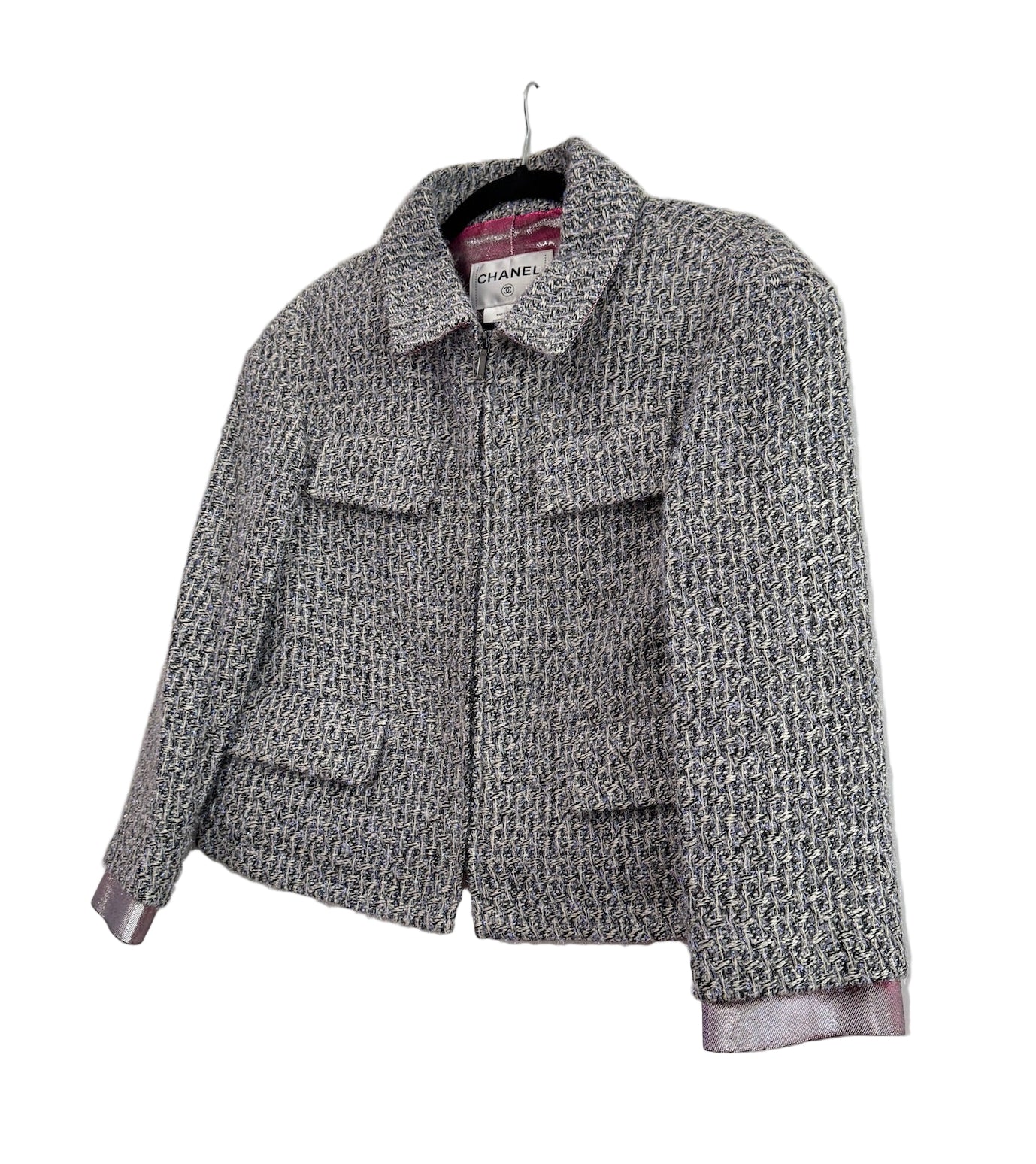 CHANEL Fantasy Tweed Jacket Gray and Metallic Blue