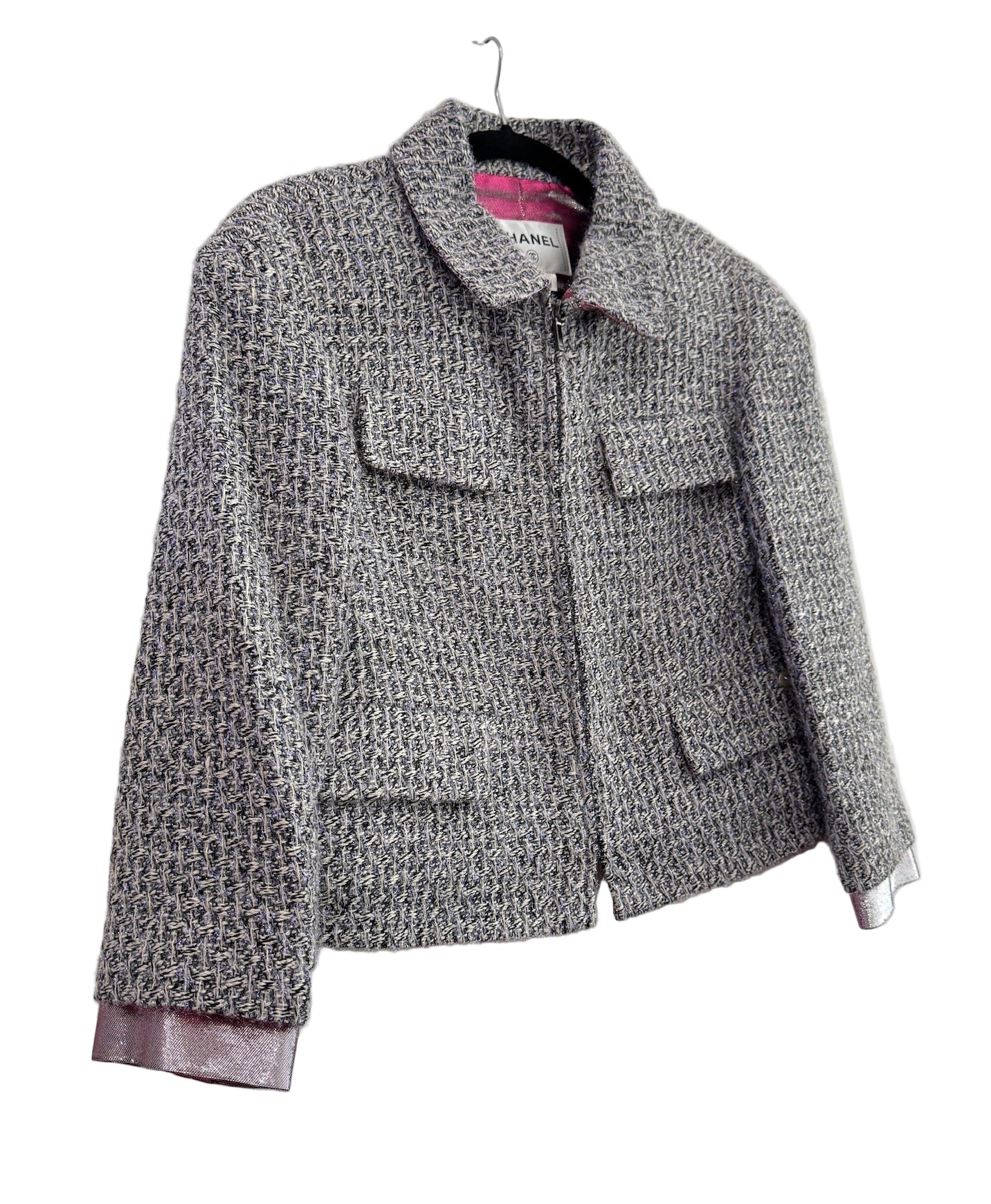 CHANEL Fantasy Tweed Jacket Gray and Metallic Blue