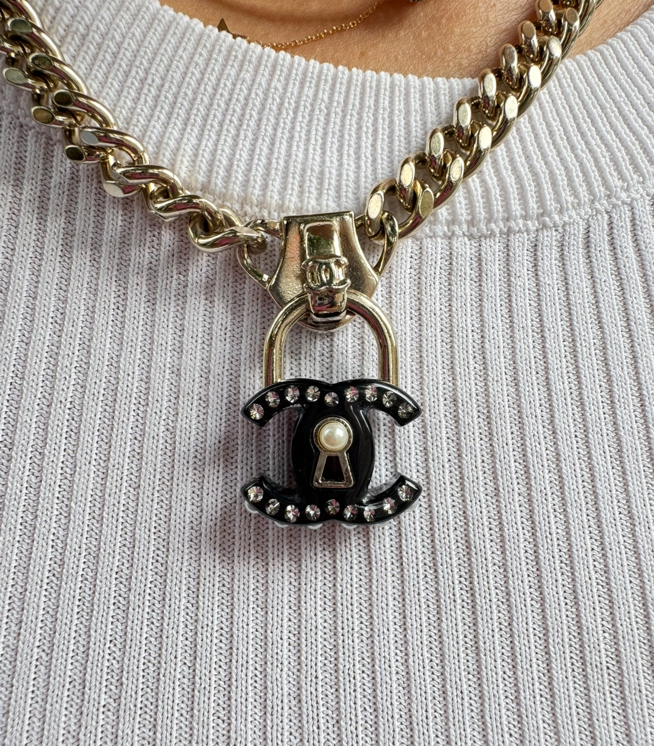 Chanel Black CC Lock Gold Necklace
