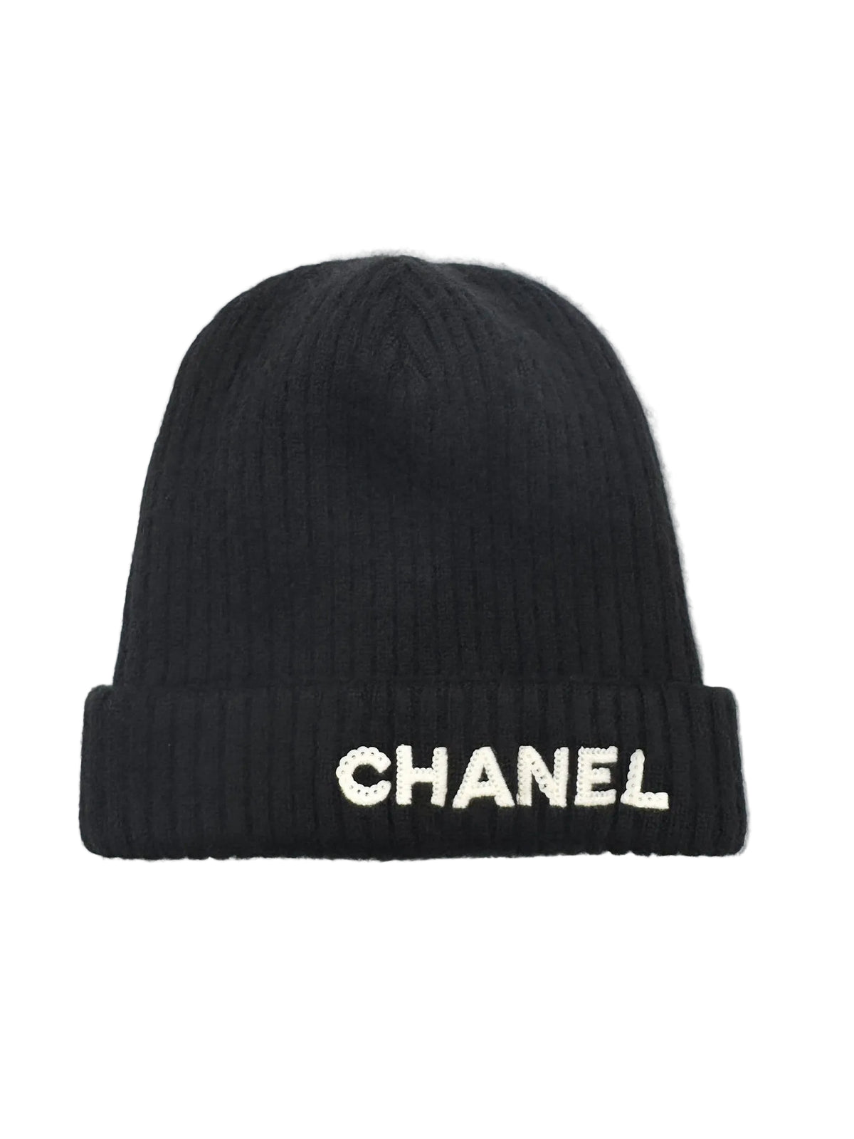 Chanel Black Beanie with White Chanel Sequins Logo