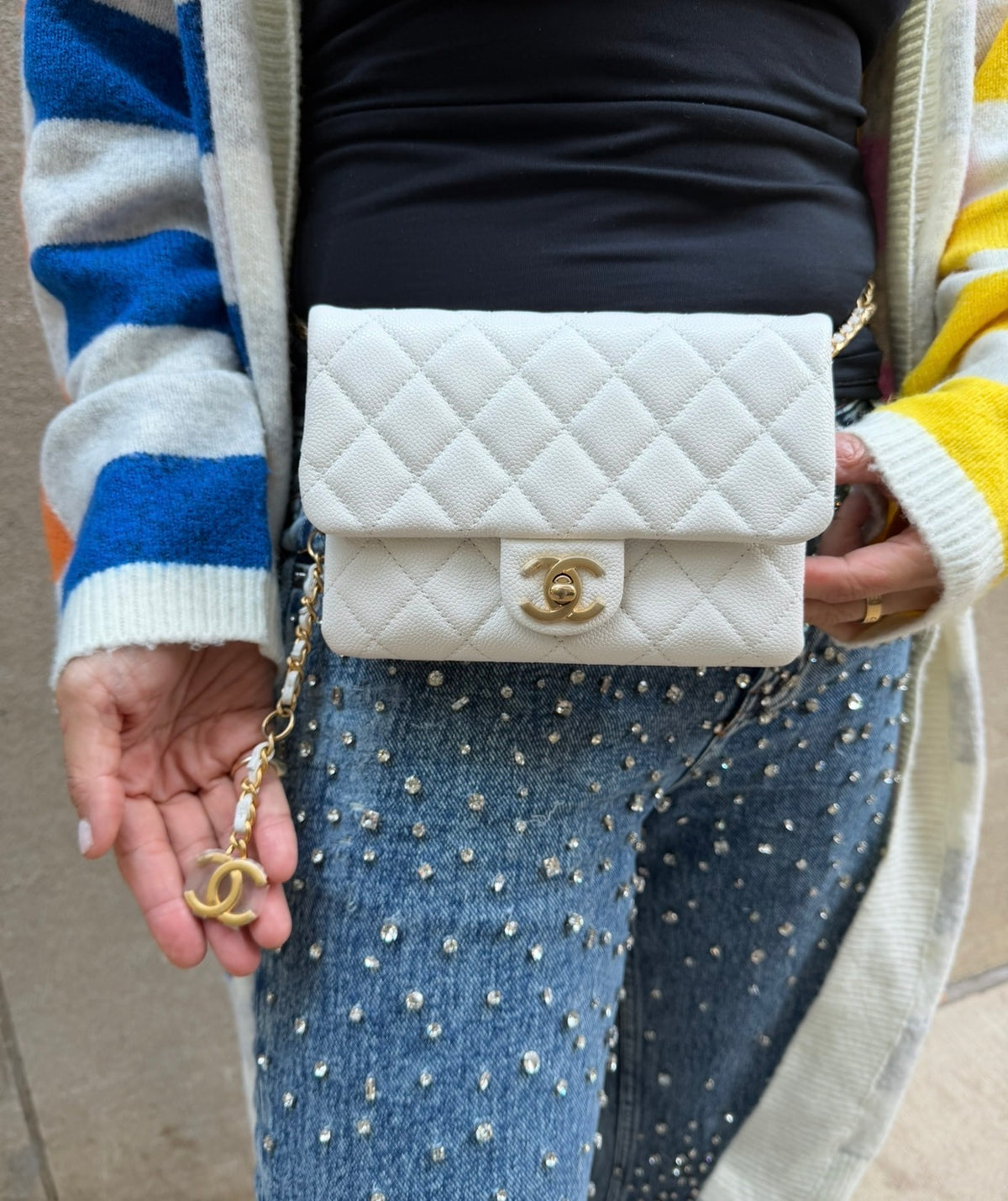 CHANEL White Leather Waist Bag with CC Belt Charm
