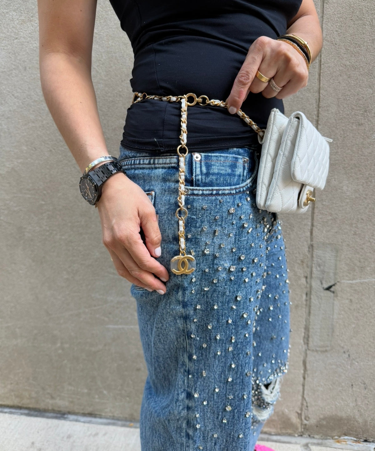 CHANEL White Leather Waist Bag with CC Belt Charm