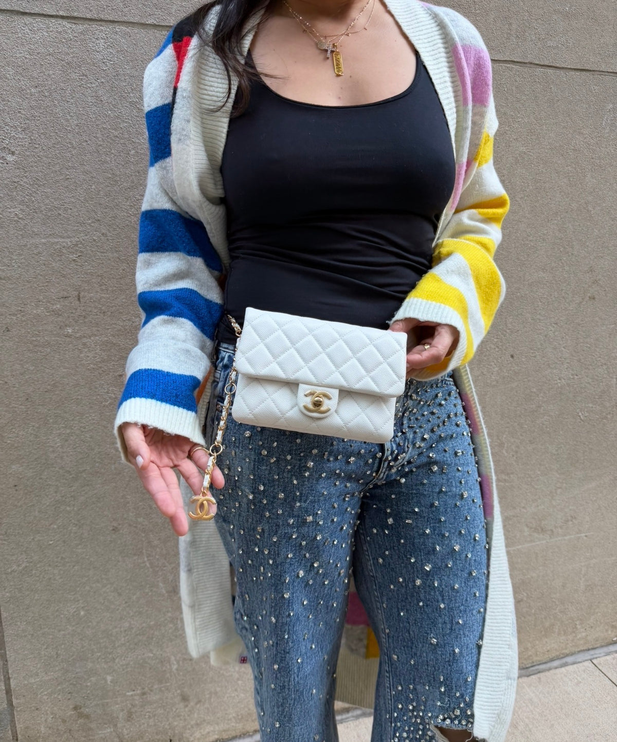 CHANEL White Leather Waist Bag with CC Belt Charm