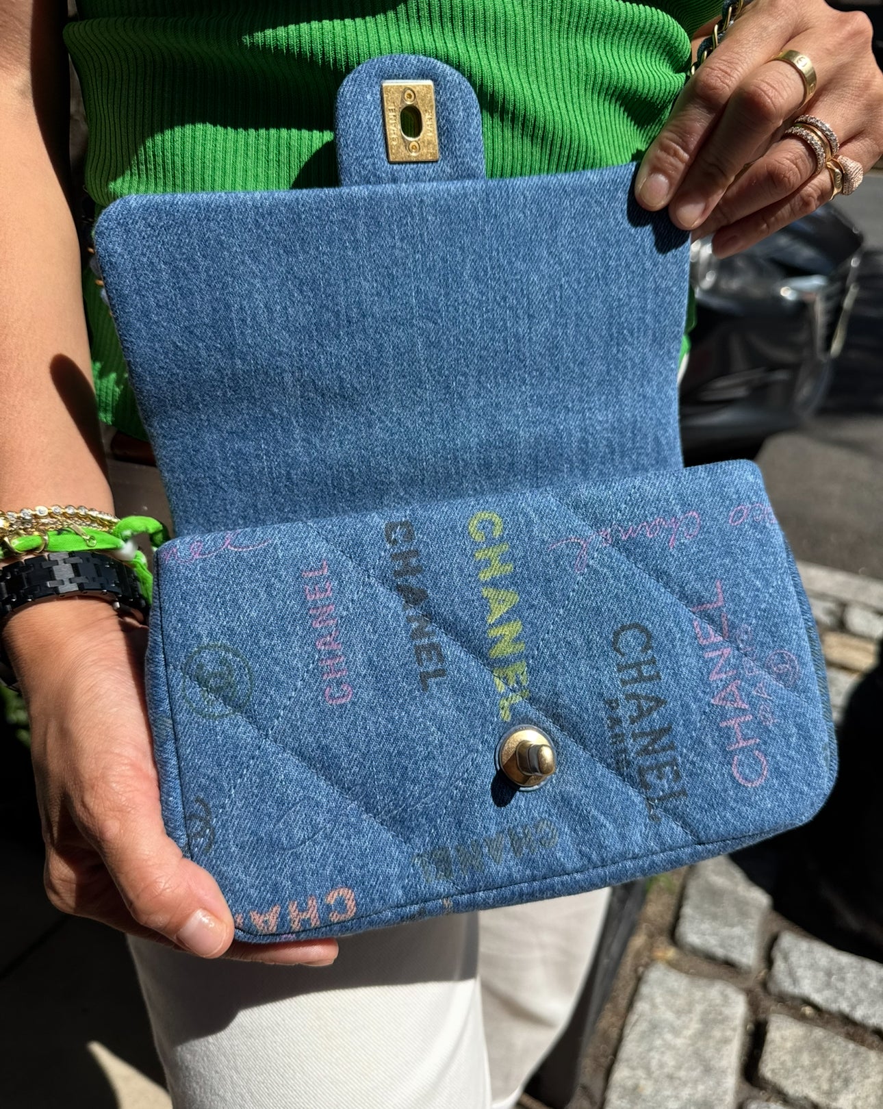 Chanel Blue Denim Mini Flap Bag With Multicolor Logos