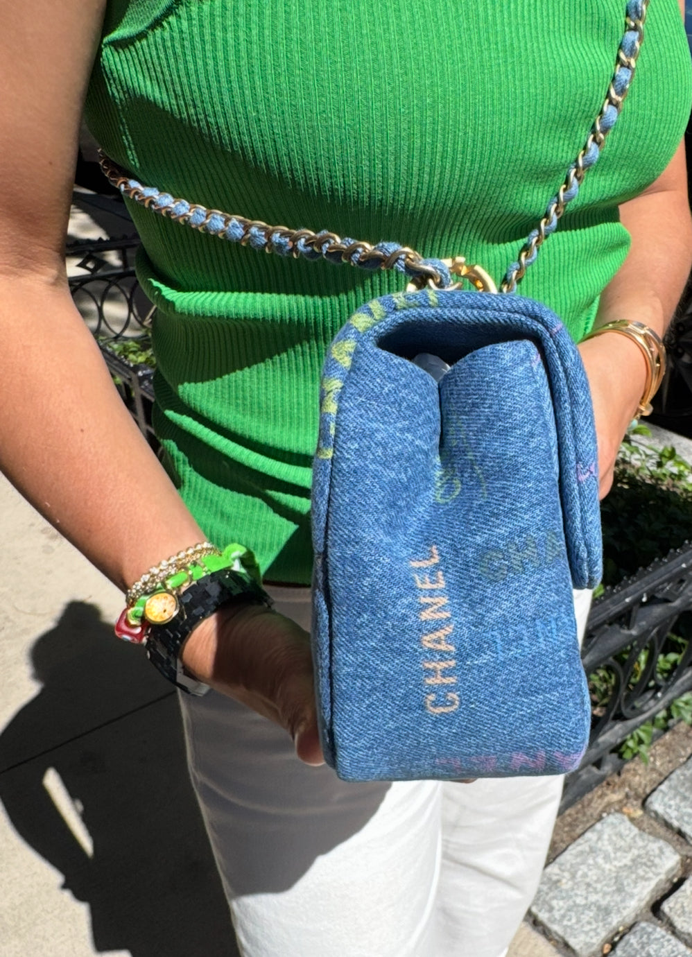 Chanel Blue Denim Mini Flap Bag With Multicolor Logos