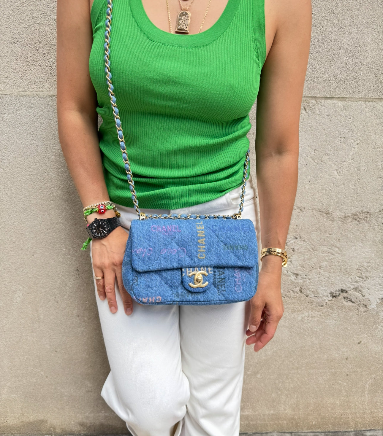 Chanel Blue Denim Mini Flap Bag With Multicolor Logos
