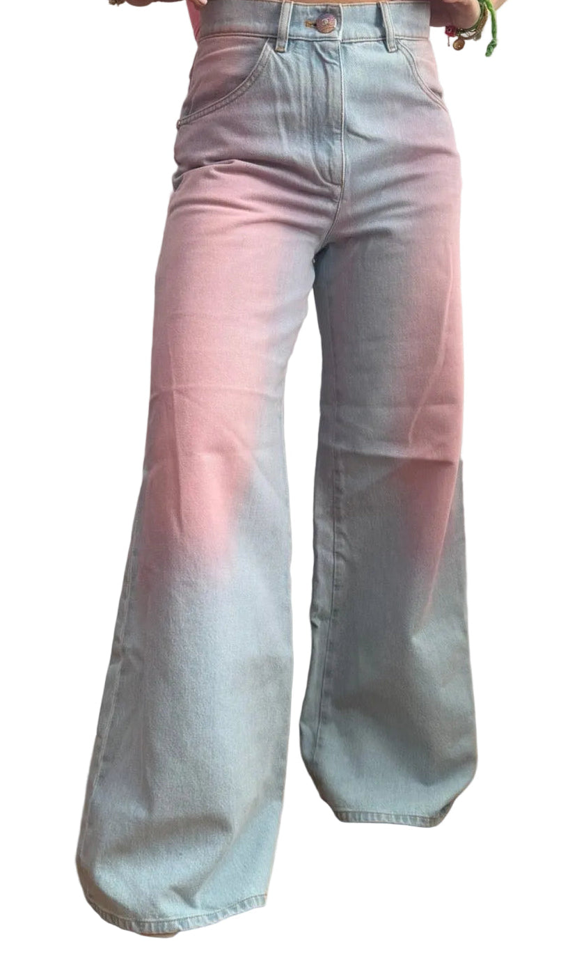 Chanel Blue Denim Pink Tie Dye Wide Leg Jeans