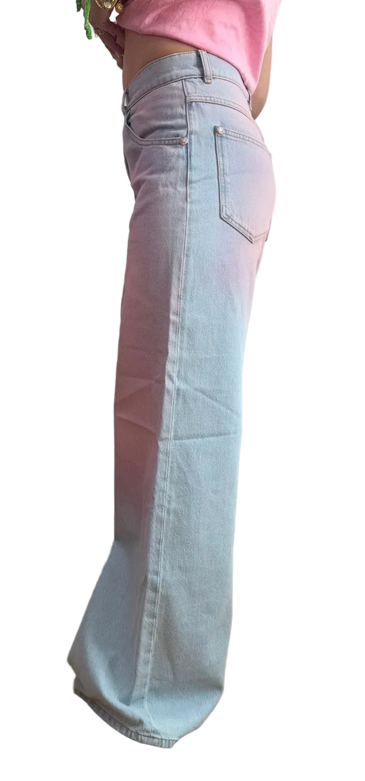 Chanel Blue Denim Pink Tie Dye Wide Leg Jeans